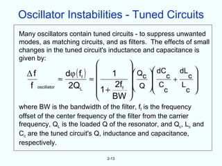 Oscillator Instabilities - Tuned Circuits
Many oscillators contain tuned circuits - to suppress unwanted
modes, as matching circuits, and as filters. The effects of small
changes in the tuned circuit's inductance and capacitance is
given by:
                                         
  Δf                dφ ( ff )  1          Q  dC dL 
                  ≈          ≈            c  c + c 
   f oscillator      2QL       1 + 2ff
                                          Q  Cc
                                               
                                                     L 
                                                       c 
                                  BW     
where BW is the bandwidth of the filter, ff is the frequency
offset of the center frequency of the filter from the carrier
frequency, QL is the loaded Q of the resonator, and Qc, Lc and
Cc are the tuned circuit's Q, inductance and capacitance,
respectively.

                                 2-13
 