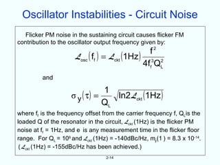 Oscillator Instabilities - Circuit Noise
  Flicker PM noise in the sustaining circuit causes flicker FM
contribution to the oscillator output frequency given by:
                                                 f  2

                      Losc ( ff ) = Lckt (1Hz ) 3 2
                                               4ff QL
         and

                               1
                    σ y ( τ) =    ln2 Lckt (1Hz )
                               QL
where ff is the frequency offset from the carrier frequency f, QLis the
loaded Q of the resonator in the circuit, Lckt (1Hz) is the flicker PM
noise at ff = 1Hz, and e is any measurement time in the flicker floor
range. For QL = 106 and Lckt (1Hz) = -140dBc/Hz, my(1 ) = 8.3 x 10-14.
 ( Lckt (1Hz) = -155dBc/Hz has been achieved.)
                                  2-14
 