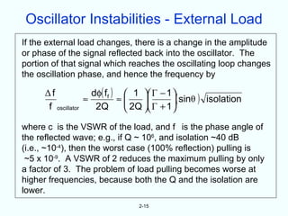 Oscillator Instabilities - External Load
If the external load changes, there is a change in the amplitude
or phase of the signal reflected back into the oscillator. The
portion of that signal which reaches the oscillating loop changes
the oscillation phase, and hence the frequency by

      Δf              dφ( ff )  1  Γ − 1 
                    ≈         ≈          ( sinθ ) isolation
       f oscillator    2Q       2Q  Γ + 1
where c is the VSWR of the load, and f is the phase angle of
the reflected wave; e.g., if Q ~ 106, and isolation ~40 dB
(i.e., ~10-4), then the worst case (100% reflection) pulling is
 ~5 x 10-9. A VSWR of 2 reduces the maximum pulling by only
a factor of 3. The problem of load pulling becomes worse at
higher frequencies, because both the Q and the isolation are
lower.
                                 2-15
 