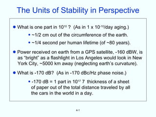 The Units of Stability in Perspective

• What is one part in 10 10
                              ? (As in 1 x 10-10/day aging.)
       • ~1/2 cm out of the circumference of the earth.
       • ~1/4 second per human lifetime (of ~80 years).

• Power received on earth from a GPS satellite, -160 dBW, is
  as “bright” as a flashlight in Los Angeles would look in New
  York City, ~5000 km away (neglecting earth’s curvature).

• What is -170 dB?   (As in -170 dBc/Hz phase noise.)
       • -170 dB = 1 part in 1017 7 thickness of a sheet
         of paper out of the total distance traveled by all
         the cars in the world in a day.


                                 4-1
 