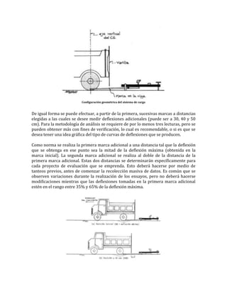Configuración geométrica del sistema de carga
De igual forma se puede efectuar, a partir de la primera, sucesivas marcas a distancias
elegidas a las cuales se desee medir deflexiones adicionales (puede ser a 30, 40 y 50
cm). Para la metodología de análisis se requiere de por lo menos tres lecturas, pero se
pueden obtener más con fines de verificación, lo cual es recomendable, o si es que se
desea tener una idea gráfica del tipo de curvas de deflexiones que se producen.
Como norma se realiza la primera marca adicional a una distancia tal que la deflexión
que se obtenga en ese punto sea la mitad de la deflexión máxima (obtenida en la
marca inicial). La segunda marca adicional se realiza al doble de la distancia de la
primera marca adicional. Estas dos distancias se determinarán específicamente para
cada proyecto de evaluación que se emprenda. Esto deberá hacerse por medio de
tanteos previos, antes de comenzar la recolección masiva de datos. Es común que se
observen variaciones durante la realización de los ensayos, pero no deberá hacerse
modificaciones mientras que las deflexiones tomadas en la primera marca adicional
estén en el rango entre 35% y 65% de la deflexión máxima.
 
