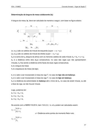 FEA – FUMEC Concreto Armado – Vigas de Seção T
37
Determinação da largura da mesa colaborante (bf)
A largura da mesa, bf, deve ser calculada da maneira a seguir, com base na figura abaixo.
(x1 e y1) são os catetos da mísula da esquerda (supor → x1 < y1)
(x2 e y2) são os catetos da mísula da direita (supor → x2 > y2)
ba é a soma de bw (largura da alma) com os menores catetos de cada mísula: ba = bw + x1 + y2
b2 é a distância entre dois (bas) consecutivos; no caso das vigas que não apresentarem
mísulas, b2 fica sendo a distância entre faces de duas vigas consecutivas.
bf é a largura da mesa
hf é a espessura da mesa (da laje).
b1 é o valor a ser incorporado à mesa da viga T, no caso de laje não em balanço.
b3 é o valor a ser incorporado à mesa da viga T, no caso de laje em balanço.
b4 é a distância da extremidade do balanço até o início de ba, no caso de existir mísula, ou até
a face da viga, se não houver mísula.
Logo, podemos ter:
bf = b1 + ba + b1
bf = b3 + ba + b3
bf = b3 + ba + b1
De acordo com a NBR6118:2014, item 14.6.2.2, b1 e b3 podem ser calculados assim:


 







4
3
2
1
10,0
5,0
10,0
b
a
b
b
a
b
a= Distância entre pontos de momento fletor nulo.
hf
bwb1 b1
bf
bw
b4
bf
x2
y2
y1
x1
b2
hf
bab3 b1
 