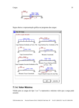 Cargas 35
TQS Informática Ltda Rua dos Pinheiros 706 c/2 05422-001 São Paulo SP Tel (011) 3083-2722 Fax (011) 3083-2798
Segue abaixo a representação gráfica no programa das cargas:
7.1.4. Valor Máximo
Válido para as cargas do tipo 1 ao 7 e representa o máximo valor que a carga pode
assumir.
 