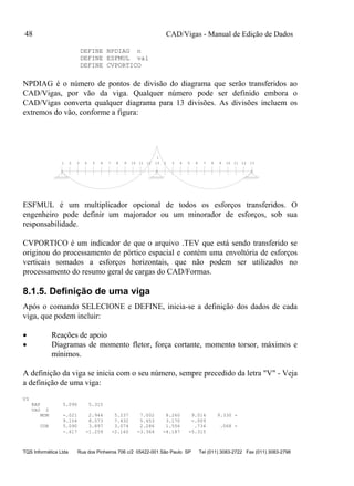 CAD/Vigas - Manual de Edição de Dados
TQS Informática Ltda Rua dos Pinheiros 706 c/2 05422-001 São Paulo SP Tel (011) 3083-2722 Fax (011) 3083-2798
48
DEFINE NPDIAG n
DEFINE ESFMUL val
DEFINE CVPORTICO
NPDIAG é o número de pontos de divisão do diagrama que serão transferidos ao
CAD/Vigas, por vão da viga. Qualquer número pode ser definido embora o
CAD/Vigas converta qualquer diagrama para 13 divisões. As divisões incluem os
extremos do vão, conforme a figura:
1 2 3 4 5 6 7 8 9 10 11 12 2 3 4 5 6 7 8 9 10 11 12 13
1
13
ESFMUL é um multiplicador opcional de todos os esforços transferidos. O
engenheiro pode definir um majorador ou um minorador de esforços, sob sua
responsabilidade.
CVPORTICO é um indicador de que o arquivo .TEV que está sendo transferido se
originou do processamento de pórtico espacial e contém uma envoltória de esforços
verticais somados a esforços horizontais, que não podem ser utilizados no
processamento do resumo geral de cargas do CAD/Formas.
8.1.5. Definição de uma viga
Após o comando SELECIONE e DEFINE, inicia-se a definição dos dados de cada
viga, que podem incluir:
 Reações de apoio
 Diagramas de momento fletor, força cortante, momento torsor, máximos e
mínimos.
A definição da viga se inicia com o seu número, sempre precedido da letra "V" - Veja
a definição de uma viga:
V3
RAP 5.090 5.315
VAO 2
MOM -.021 2.944 5.237 7.002 8.260 9.014 9.330 -
9.156 8.573 7.432 5.653 3.170 -.009
COR 5.090 3.897 3.074 2.286 1.556 .734 .068 -
-.617 -1.259 -2.160 -3.364 -4.187 -5.315
 