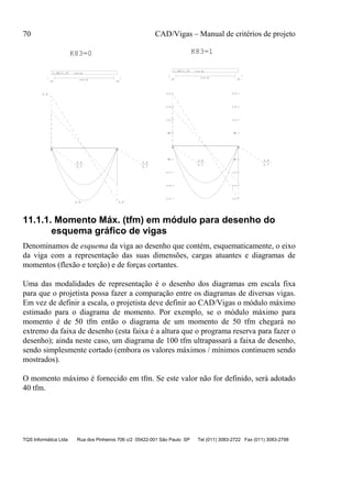 70 CAD/Vigas – Manual de critérios de projeto
TQS Informática Ltda Rua dos Pinheiros 706 c/2 05422-001 São Paulo SP Tel (011) 3083-2722 Fax (011) 3083-2798
3.9
3.9
3.9
2.7
3.9
2.7
3.9
C=4.00
.40 .40
1.95/1.37 C=4.00
3.9
2.7
3.9
2.7
.98
2.0
2.9
3.9
.98
2.0
2.9
3.9
.98
2.0
2.9
3.9
.98
2.0
2.9
3.9
.98
2.0
2.9
3.9
.98
2.0
2.9
3.9
.98
2.0
2.9
3.9
.98
2.0
2.9
3.9
C=4.00
.40 .40
1.95/1.37 C=4.00
K83=0 K83=1
11.1.1. Momento Máx. (tfm) em módulo para desenho do
esquema gráfico de vigas
Denominamos de esquema da viga ao desenho que contém, esquematicamente, o eixo
da viga com a representação das suas dimensões, cargas atuantes e diagramas de
momentos (flexão e torção) e de forças cortantes.
Uma das modalidades de representação é o desenho dos diagramas em escala fixa
para que o projetista possa fazer a comparação entre os diagramas de diversas vigas.
Em vez de definir a escala, o projetista deve definir ao CAD/Vigas o módulo máximo
estimado para o diagrama de momento. Por exemplo, se o módulo máximo para
momento é de 50 tfm então o diagrama de um momento de 50 tfm chegará no
extremo da faixa de desenho (esta faixa é a altura que o programa reserva para fazer o
desenho); ainda neste caso, um diagrama de 100 tfm ultrapassará a faixa de desenho,
sendo simplesmente cortado (embora os valores máximos / mínimos continuem sendo
mostrados).
O momento máximo é fornecido em tfm. Se este valor não for definido, será adotado
40 tfm.
 
