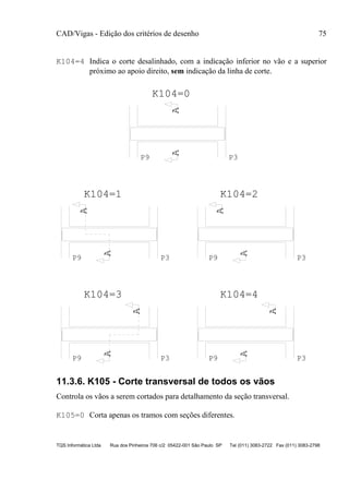 CAD/Vigas - Edição dos critérios de desenho 75
TQS Informática Ltda Rua dos Pinheiros 706 c/2 05422-001 São Paulo SP Tel (011) 3083-2722 Fax (011) 3083-2798
K104=4 Indica o corte desalinhado, com a indicação inferior no vão e a superior
próximo ao apoio direito, sem indicação da linha de corte.
A
A
P9 P3
A
A
P9 P3
K104=3 K104=4
A
A
P9 P3
A
P9 P3
A
K104=1 K104=2
AA
P9 P3
K104=0
11.3.6. K105 - Corte transversal de todos os vãos
Controla os vãos a serem cortados para detalhamento da seção transversal.
K105=0 Corta apenas os tramos com seções diferentes.
 