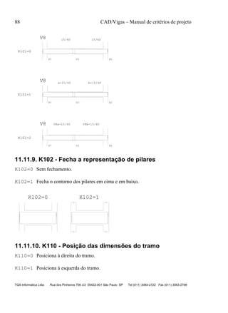 88 CAD/Vigas – Manual de critérios de projeto
TQS Informática Ltda Rua dos Pinheiros 706 c/2 05422-001 São Paulo SP Tel (011) 3083-2722 Fax (011) 3083-2798
a-15/40 b-15/40
P7 V3 P2
P7 V3 P2
V8a-15/40 V8b-15/40
P7 V3 P2
15/40 15/40V8
V8
V8
K101=0
K101=1
K101=2
11.11.9. K102 - Fecha a representação de pilares
K102=0 Sem fechamento.
K102=1 Fecha o contorno dos pilares em cima e em baixo.
K102=0 K102=1
11.11.10. K110 - Posição das dimensões do tramo
K110=0 Posiciona à direita do tramo.
K110=1 Posiciona à esquerda do tramo.
 