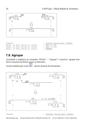 CAD/Vigas - Edição Rápida de Armaduras
TQS Informática Ltda Rua dos Pinheiros 706 c/2 05422-001 São Paulo SP Tel (011) 3083-2722 Fax (011) 3083-2798
26
Comando : [Juntar ferros/arm. flexão]
Selec. os dois ferros p/ juntar : <B1> no PT1
Selec. os dois ferros p/ juntar : <B1> no PT2
Selec. os dois ferros p/ juntar : <ENTER>
7.9. Agrupar
Acionando a seqüência de comandos “Flexão” – “Agrupar”, é possível agrupar dois
ferros existentes de bitolas iguais ou diferentes.
Acione também pelo ícone através da barra de ferramentas.
Comando : [Agrupar ferros/arm. flexão]
 