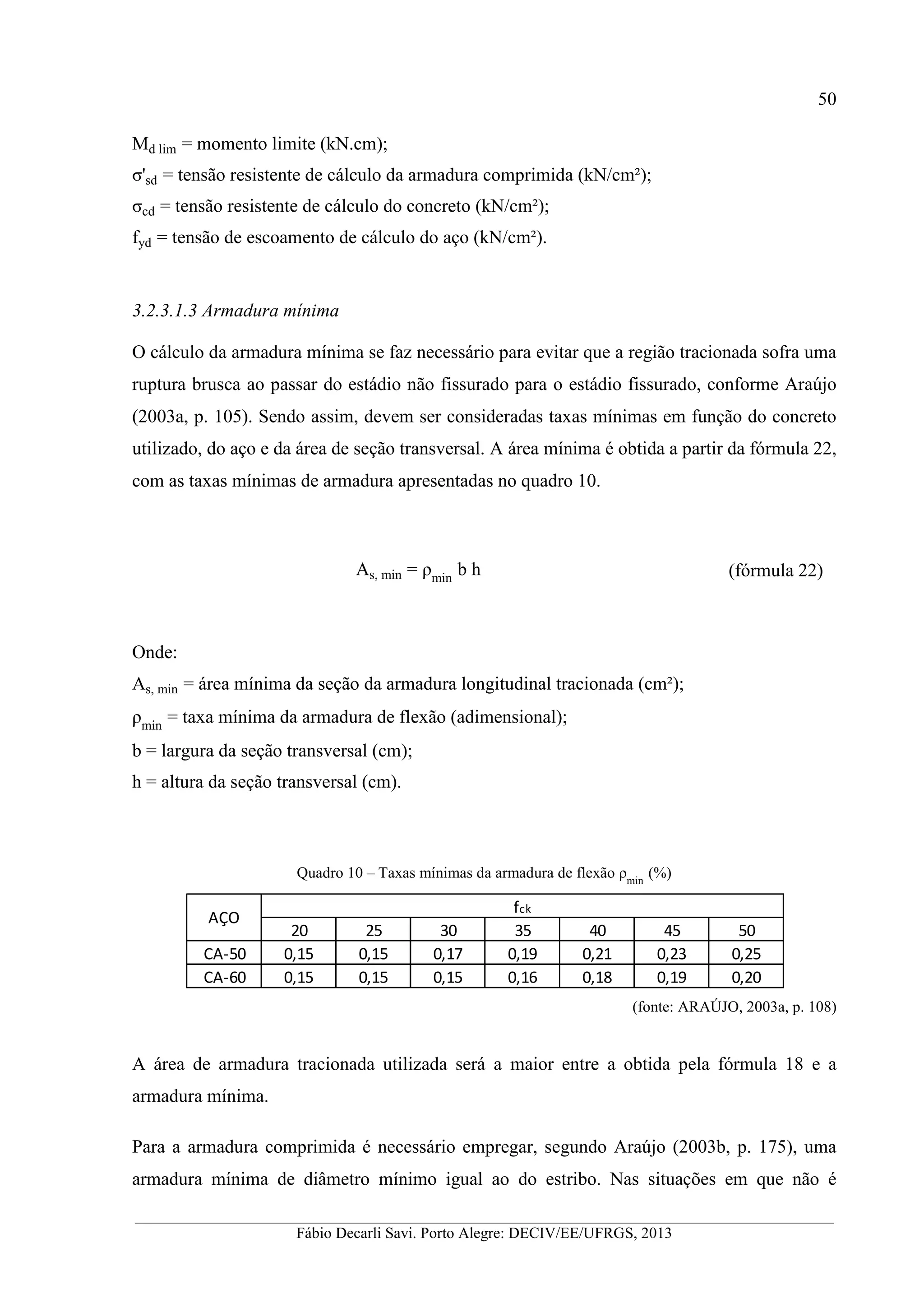 __________________________________________________________________________________________
Fábio Decarli Savi. Porto Alegre: DECIV/EE/UFRGS, 2013
50
Md lim = momento limite (kN.cm);
σ'sd = tensão resistente de cálculo da armadura comprimida (kN/cm²);
σcd = tensão resistente de cálculo do concreto (kN/cm²);
fyd = tensão de escoamento de cálculo do aço (kN/cm²).
3.2.3.1.3 Armadura mínima
O cálculo da armadura mínima se faz necessário para evitar que a região tracionada sofra uma
ruptura brusca ao passar do estádio não fissurado para o estádio fissurado, conforme Araújo
(2003a, p. 105). Sendo assim, devem ser consideradas taxas mínimas em função do concreto
utilizado, do aço e da área de seção transversal. A área mínima é obtida a partir da fórmula 22,
com as taxas mínimas de armadura apresentadas no quadro 10.
As, min = ρmin
b h (fórmula 22)
Onde:
As, min = área mínima da seção da armadura longitudinal tracionada (cm²);
ρmin
= taxa mínima da armadura de flexão (adimensional);
b = largura da seção transversal (cm);
h = altura da seção transversal (cm).
Quadro 10 – Taxas mínimas da armadura de flexão ρmin
(%)
(fonte: ARAÚJO, 2003a, p. 108)
A área de armadura tracionada utilizada será a maior entre a obtida pela fórmula 18 e a
armadura mínima.
Para a armadura comprimida é necessário empregar, segundo Araújo (2003b, p. 175), uma
armadura mínima de diâmetro mínimo igual ao do estribo. Nas situações em que não é
20 25 30 35 40 45 50
CA-50 0,15 0,15 0,17 0,19 0,21 0,23 0,25
CA-60 0,15 0,15 0,15 0,16 0,18 0,19 0,20
AÇO
fck
 