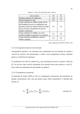 __________________________________________________________________________________________
Fábio Decarli Savi. Porto Alegre: DECIV/EE/UFRGS, 2013
42
Quadro 9 – Fatores de redução para ações variáveis
(fonte: adaptado de ARAÚJO, 2003a, p. 60)
3.2.2.2 Carregamento especial e de construção
Carregamentos especiais e de construção são carregamentos de curta duração em relação à
vida útil da estrutura. Sua determinação é similar a dos carregamentos normais, alterando
apenas os coeficientes de segurança.
É considerado como fator de redução Ψ0i,ef, que normalmente assume os mesmos valores de
Ψ0. No caso de a ação variável considerada ser de duração muito curta, adota-se o valor Ψ2.
Estes valores de ponderação são apresentados no quadro 9.
3.2.2.3 Carregamento excepcional
Na definição de Araújo (2003a, p. 60), os carregamentos excepcionais são transitórios, de
duração extremamente curta, mas que podem causar efeitos catastróficos. É definido pela
fórmula 12:
Fd = γg,j
Fgk,j+Fq,exc+ γq,i
Ψ0i,efFqk,i
n
i=2
m
j=1
(fórmula 12)
Ações variáveis Ψ0 Ψ2
Variações uniformes de temperatura 0,6 0,3
Pressão dinâmica do vento 0,6 0
Cargas acidentais dos edifícios quando não há
predominância de pesos de equipamentos que
permanecem fixos por longos períodos de tempo,
nem de elevadas concentrações de pessoas
(edifícios residenciais)
0,5 0,3
Cargas acidentais dos edifícios, nos casos
contrários (edifícios comerciais e de escritórios)
0,7 0,4
Cargas acidentais em bibliotecas, arquivos,
oficinas e garagens
0,8 0,6
 