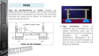  Viga de arriostramiento o riostra: Impide los
desplazamientos de las zapatas, por lo que funcionará
principalmente a compresión y a tracción. No sirve para
centrado de cargas de los pilares. Su dimensión más
común es de 40 x 40 cm.
 Viga centradora: Centra el
momento que se produce en una
zapata excéntrica, para que su
descarga en el terreno no produzca
despegue. Su armado y
dimensiones dependerán de la
distancia a la que esté la zapata a la
que se ancla y del momento que
tenga que absorber.
TIPOS
 