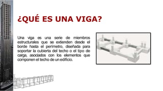 Una viga es una serie de miembros
estructurales que se extienden desde el
borde hasta el perímetro, diseñada para
soportar la cubierta del techo o el tipo de
carga, asociados con los elementos que
componen el techo de unedificio.
 