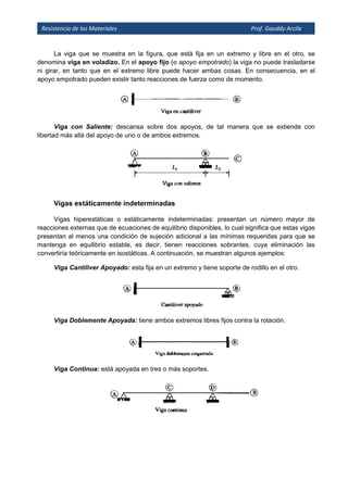 Resistencia de los Materiales Prof. Gauddy Arcila
La viga que se muestra en la figura, que está fija en un extremo y libre en el otro, se
denomina viga en voladizo. En el apoyo fijo (o apoyo empotrado) la viga no puede trasladarse
ni girar, en tanto que en el extremo libre puede hacer ambas cosas. En consecuencia, en el
apoyo empotrado pueden existir tanto reacciones de fuerza como de momento.
Viga con Saliente: descansa sobre dos apoyos, de tal manera que se extiende con
libertad más allá del apoyo de uno o de ambos extremos.
Vigas estáticamente indeterminadas
Vigas hiperestáticas o estáticamente indeterminadas: presentan un número mayor de
reacciones externas que de ecuaciones de equilibrio disponibles, lo cual significa que estas vigas
presentan al menos una condición de sujeción adicional a las mínimas requeridas para que se
mantenga en equilibrio estable, es decir, tienen reacciones sobrantes, cuya eliminación las
convertiría teóricamente en isostáticas. A continuación, se muestran algunos ejemplos:
Viga Cantiliver Apoyado: esta fija en un extremo y tiene soporte de rodillo en el otro.
Viga Doblemente Apoyada: tiene ambos extremos libres fijos contra la rotación.
Viga Continua: está apoyada en tres o más soportes.
 