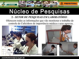 vigentomoccv@pcrj.rj.
gov.brcoordvetores@pcrj.rj.gov.br
2 - SETOR DE PESQUISAS EM LABORATÓRIO:
Oferecem todas as informações que vão monitorar o trabalho de
controle de Culicídeos de importância médica e seus agravos.
 