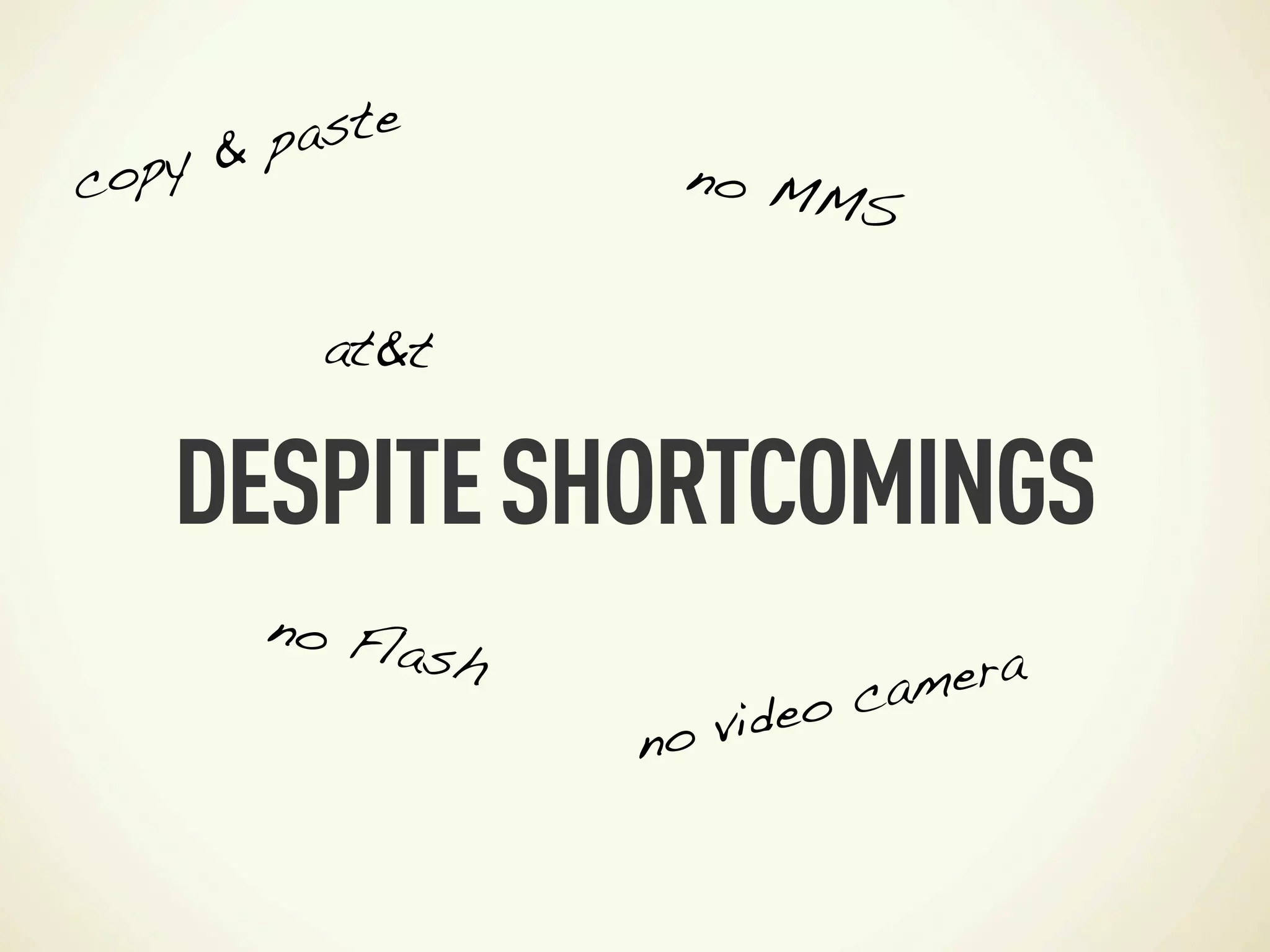 & p aste
c opy                no MM
                           S

          at&t


    DESPITE SHORTCOMINGS
        no Fla
               sh                  era
                               cam
                    no video
 