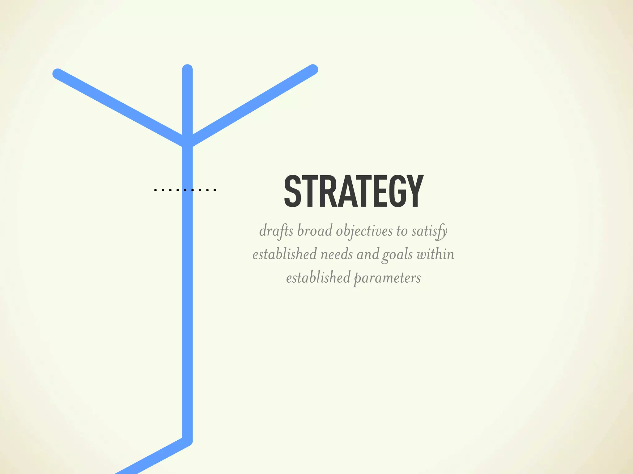 STRATEGY
 drafts broad objectives to satisfy
established needs and goals within
      established parameters
 