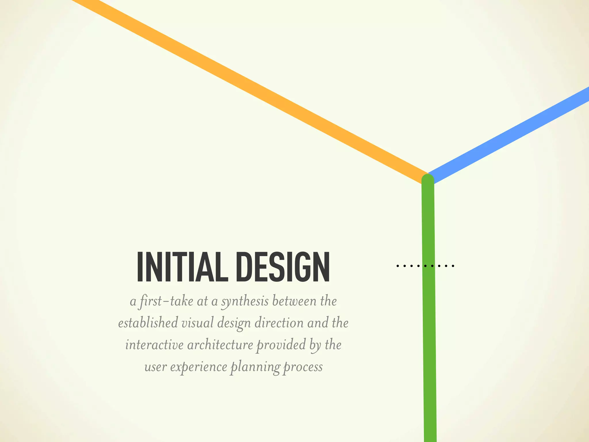 INITIAL DESIGN
  a first-take at a synthesis between the
established visual design direction and the
 interactive architecture provided by the
     user experience planning process
 