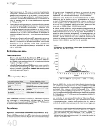 el vigía

––   Vigilancia de casos de IRA grave en pacientes hospitalizados:                               32 (que termina el 14 de agosto), se observó un incremento de casos
     corresponde a la notificación universal caso a caso de los cuadros                          de ETI, llegando a un máximo en la semana 37 (tercera semana de
     graves que se hospitalizan en la red pública y privada del país.                            septiembre), con una tasa de 80 casos por 100.000 habitantes.
     Permite monitorear la gravedad de los cuadros de influenza y
                                                                                                 De acuerdo con la clasificación de intensidad establecida en 20091 a
     conocer sus características epidemiológicas. La confirmación de
                                                                                                 través de la tasa de notificación de ETI, la presentación de influenza
     casos se realiza a través de PCR en los laboratorios regionales
                                                                                                 en el año 2010 fue de intensidad elevada. Sin embargo, no alcanzó los
     de PCR y en el ISP.
                                                                                                 niveles de 2009. La tasa de notificación acumulada a nivel nacional fue
––   Vigilancia de virus influenza y otros virus respiratorios, orientada                        de 693 por 100.000 habitantes, inferior en un 34,4%, respecto a la tasa
     a la detección y estudio genético de los virus respiratorios y el                           observada en 2009 (1.050 por 100.000 habitantes) (3).
     monitoreo de la resistencia a antivirales. La detección inicial
                                                                                                 Al analizar el canal endémico2, usando la metodología de Bortman (4)
     se realiza en establecimientos hospitalarios de la red pública a
                                                                                                 se observa que hasta la semana 31 (que terminó el 7 de agosto) la
     través de IF y PCR y los análisis de mayor complejidad como la
                                                                                                 notificación se mantuvo en la zona de seguridad. Posteriormente, se
     subtipificación de los casos y secuenciamiento se desarrollan en
                                                                                                 registra un rápido incremento, alcanzando la zona epidémica a partir de
     el Instituto de Salud Pública (ISP), como laboratorio de referencia
                                                                                                 la semana 33, permaneciendo en ella por 10 semanas (Gráfico 1). Este
     nacional.
                                                                                                 aumento a fines de invierno no es la forma habitual de presentación de
––   Detección y notificación de brotes de ETI que puedan representar                            influenza en el país, sin embargo, se había observado en el año 2002,
     una situación de mayor riesgo epidemiológico: orientada a la                                donde el máximo del brote ocurrió a fines de agosto (5).
     detección y control oportuno de brotes en ambientes institucionales.
––   Monitoreo del uso de antivirales: permite medir y monitorear el
     uso de los antivirales proporcionados por el Ministerio de Salud                                 Gráfico 1
     a la red asistencial.                                                                            Canal endémico de enfermedad tipo influenza según semana epidemiológica
                                                                                                      2003-2008. Chile, 2010 (Semanas 1-52)

Definiciones de caso
                                                                                                          3.500

Caso sospechoso:                                                                                          3.000
––   Enfermedad respiratoria tipo influenza (ETI): persona que
                                                                                                          2.500
     consulta por enfermedad respiratoria tipo influenza: fiebre ≥ a
     38,5ºC axilar y tos, asociado a alguno de los siguientes síntomas:                                   2.000
                                                                                                  Casos




     mialgias, odinofagia o cefalea.
                                                                                                          1.500
––   Infección Respiratoria Grave (IRAG): persona que se hospitaliza
     por infección respiratoria aguda (IRA) o neumonía sin causa                                          1.000
     etiológica conocida y que presenta al menos uno de los siguientes
                                                                                                           500
     criterios de gravedad (Tabla 1).
                                                                                                             0                                22
                                                                                                                                                   25
                                                                                                                                                        28
                                                                                                                                                             31
                                                                                                                                                                  34
                                                                                                                                                                       37
                                                                                                                                                                            40
                                                                                                                                                                                 43
                                                                                                                                                                                      46
                                                                                                                                                                                           49
                                                                                                                                                                                                52
                                                                                                              1
                                                                                                                  4
                                                                                                                      7


                                                                                                                               13
                                                                                                                                    16
                                                                                                                                         19
                                                                                                                          10




 Tabla 1                                                                                                                                           Semanas
 Criterios de gravedad para IRA grave
                                                                                                                      Alerta         Éxito          Seguridad          2009            2010

 Criterios de gravedad en adultos:                 Criterios de gravedad en niños

 Taquipnea: FR > 26 x minuto               Hipoxemia: saturación de O2 < 93% respirando
                                                                                                 Durante el 2010, los centros centinela ambulatorios que cuentan
 Hipotensión: PAS < 90 mmHg                aire ambiental
 Disnea                                    Deshidratación o rechazo alimentario (en lactantes)
                                                                                                 con confirmación etiológica tomaron muestras a 1.663 casos de ETI
 Cianosis                                  Dificultad respiratoria o aumento del trabajo         notificados, confirmándose 513 casos por algún virus respiratorio (31%
 Hipoxemia: saturación de O2 < 90          respiratorio                                          positividad): 266 a influenza A (51%), 71 influenza B (14%) y 176 por
 por oxímetro de pulso, respirando         Compromiso hemodinámico                               otros virus respiratorios (35%), principalmente virus respiratorio sincicial
 aire ambiental                            Consulta repetida por deterioro clínico               (VRS). El máximo de positividad a influenza se observó en la semana
 Consulta repetida por deterioro clínico                                                         35 (Gráfico 2), con un 41% (63 casos de influenza de un total de 154
                                                                                                 casos estudiados).

Caso confirmado: persona que consulta por enfermedad respiratoria                                Los centinelas de las regiones Metropolitana, Valparaíso, Maule y
tipo influenza (ETI) o se hospitaliza por IRA grave y se confirma                                Tarapacá contribuyeron entre el 25% y 11% de los casos estudiados.
influenza o influenza pandémica (H1N1) 2009 por RT-PCR (Reacción                                 La positividad global a influenza varió entre un 12 y 39% entre los
de Polimerasa en Cadena en Tiempo Real).                                                         centinela de las diferentes regiones, siendo mayor en Los Lagos, Los


Resultados                                                                                       1	 Para categorizar el nivel de intensidad de actividad de enfermedad respiratoria aguda
                                                                                                    se calcularon los cuartiles de la tasa general país de ETI reportada en el 2009 por
                                                                                                    los centros centinela desde la semana de inicio y el máximo: tasa < 14,6: leve; entre
Vigilancia centinela de enfermedad tipo influenza (ETI)                                             14,6 y 31,4: moderadas; entre 31,5 y 130,4: elevada y > 130,4: muy elevada.
                                                                                                 2	 Se construyeron canales endémicos a través de la determinación de la media
Durante el 2010 la presentación de la ETI en los centros centinela fue tardía                       geométrica de las tasas históricas (2003-2008) y sus intervalos de confianza. Se
en relación a los años anteriores. A partir de la semana epidemiológica                             excluye el año pandémico 2009.




40
 