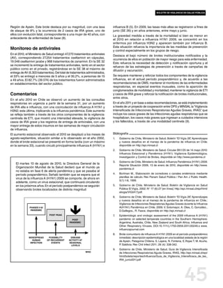 boletín de vigilancia en salud pública




Región de Aysén. Este brote destaca por su magnitud, con una tasa              influenza B (5). En 2009, las tasas más altas se registraron a fines de
de ataque de 8% y la ocurrencia de 2 casos de IRA grave, uno de                junio (SE 26) y en años anteriores, entre mayo y junio.
ellos con evolución fatal, correspondiente a una mujer de 40 años, con         La gravedad medida a través de la mortalidad si bien es menor en
antecedente de enfermedad de base (8).                                         el 2010 en relación a influenza H1N1 2009, se concentró en los
                                                                               enfermos por influenza H3N2 y aparecen también por influenza B.
                                                                               Esta situación refuerza la importancia de las medidas de prevención
Monitoreo de antivirales                                                       y control especialmente en los grupos de riesgo.
En el 2010, el Ministerio de Salud entregó 47.270 tratamientos antivirales
                                                                               Destaca el bajo número de brotes institucionales notificados y la
(AV), correspondiendo 27.254 tratamientos oseltamivir en cápsulas,
                                                                               ocurrencia de ellos en población de mayor riesgo para esta enfermedad.
19.048 oseltamivir jarabe y 968 tratamientos de zanamivir. En la SE 32
                                                                               Esto refuerza la necesidad de detección y notificación oportuna y el
se incrementó la entrega de tratamientos antivirales, tanto en el sector
                                                                               refuerzo de las estrategias de prevención a través de campañas de
público como en el privado, registrándose en la SE 38 el máximo de
                                                                               difusión y vacunación.
entrega de AV (6.303 tratamientos). Del total de tratamientos administrados,
el 33% se entregó a menores de 5 años y el 30,2%, a personas de 15             Se requiere mantener y reforzar todos los componentes de la vigilancia
a 49 años. El 82,7% (39.074) de los tratamientos fueron administrados          influenza, en el actual período pospandémico y, de acuerdo a las
en establecimientos del sector público.                                        recomendaciones de OMS, mantener el monitoreo de las enfermedades
                                                                               respiratorias, en especial eventos inusuales, como la aparición de
                                                                               conglomerados de morbilidad y mortalidad; mantener la vigilancia de ETI
Comentarios                                                                    y casos de IRA grave y reforzar la notificación de brotes institucionales,
                                                                               entre otros.
En el año 2010 en Chile se observó un aumento de las consultas
respiratorias en urgencia a partir de la semana 31, por un aumento             En el año 2011 y en base a estas recomendaciones, se está implementando
de IRA alta e influenza, con una cocirculación de influenza A H1N1 y           a través de un proyecto de cooperación entre OPS y MINSAL la “Vigilancia
H3N2; esta última, triplicando a la influenza pandémica. Este aumento          Intensificada de Infecciones Respiratorias Agudas Graves, IRAG” que,
se refleja también a través de los otros componentes de la vigilancia:         incluye los casos graves de las infecciones agudas respiratorias que se
centinela de ETI, que mostró una intensidad elevada, la vigilancia de          hospitalizan, los casos más graves que ingresan a cuidados intensivos
casos de IRA grave y los registros de entrega de antivirales, con una          y los fallecidos, a través de una modalidad centinela (9).
mayor entrega de estos insumos en las semanas de mayor circulación
de influenza.
El aumento estacional observado el 2010 se desplazó a los meses de             Bibliografía
agosto-septiembre, situación similar a lo observado en el año 2002,            1.	   Gobierno de Chile, Ministerio de Salud. Boletín “El Vigía 26” Aprendizajes
                                                                                                                                                 ,
donde el brote estacional se presentó en forma tardía (con un máximo                 y nuevos desafíos en el manejo de la pandemia de influenza en Chile.
en la semana 33), cuando circuló principalmente influenza A (H1N1) e                 disponible en http://epi.minsal.cl
                                                                               2.	   Gobierno de Chile, Ministerio de Salud. Circular B51/20 de 14 mayo 2010:
                                                                                     Influenza Estacional y Pandémica (H1N1): Vigilancia Epidemiológica,
                                                                                     Investigación y Control de Brotes, disponible en http://www.pandemia.cl
                                                                               3.	   Gobierno de Chile, Ministerio de Salud. Influenza Pandémica (H1N1) 2009.
    El martes 10 de agosto de 2010, la Directora General de la
                                                                                     Reporte Situación 2009, 13 de enero de 2010, disponible en http://www.
    Organización Mundial de la Salud declaró que el mundo ya                         pandemia.cl
    no estaba en fase 6 de alerta pandémica y que se pasaba al
    período pospandémico. Señaló también que se espera que el                  4.	   Bortman M., Elaboración de corredores o canales endémicos mediante
                                                                                     planillas de cálculo. Rev Panam Salud Pública / Pan Am J Public Health.
    virus de la influenza A (H1N1) 2009 se comporte, de ahora en
                                                                                     5(1):1-8, 1999.
    adelante, como un virus estacional, que continuará circulando
    en los próximos años. En el período postpandémico se seguirán              5.	   Gobierno de Chile, Ministerio de Salud. Boletín de Vigilancia en Salud
    observando brotes localizados de distinta magnitud                               Pública El Vigía, 2002; N° 17 (6):27 [en línea]: http://epi.minsal.cl/epi/html/
                                                                                     elvigia/VIGIA17.pdf.
                                                                               6.	   Gobierno de Chile, Ministerio de Salud. Boletín “El Vigía 26” Aprendizajes
                                                                                                                                                 ,
                                                                                     y nuevos desafíos en el manejo de la pandemia de influenza en Chile.:
                                                                                     Vigilancia de Infecciones Respiratorias Agudas Graves durante la Influenza
               PHASES 5-6/                                                           A(H1N1) Pandémica en Chile, 2009. V. Sotomayor, A. Olea, C. González.,
                PANDEMIC                                                             D.Gallegos., R. Fasce, disponible en http://epi.minsal.cl
                               POST PEAK                                       7.	   Epidemiologic and virologic assessment of the 2009 influenza A (H1N1)
                                                 POST                                pandemic on selected temperate countries in the Southern Hemisphere:
                                               PANDEMIC                              Argentina, Australia, Chile, New Zealand and South Africa. Influenza and
                                                                                     Other Respiratory Viruses. DOI:10.1111/j.1750-2659.2011.00249.x www.
                                                                                     influenzajournal.com
                                                                               8.	   Brote comunitario de influenza A H1N1 2009 en el período postpandémico
              WIDESPREAD      POSSIBILITY       DISEASE                              inmediato: descripción epidemiológica en una localidad aislada de la región
                 HUMAN       OF RECURRENT      ACTIVITY AT                           de Aysén, Patagonia Chilena. S. Layera, N. Fontena, E.Rojas T, M. Acuña,
               INFECTION        EVENTS         SEASONAL
                                                 LEVELS                              P. Saldivia. Rev Chil Infect 2011; 28 (4): 338-342.
                                                                               9.	   Gobierno de Chile, Ministerio de Salud. Guía de Vigilancia Intensificada
                                                             WHO                     de Infecciones Respiratorias Aguda Graves, IRAG, http://epi.minsal.cl/epi/
                                                                                     html/bolets/reportes/Influenza/Guia_de_Vigilancia_Intensificaca_de_las_
                                                                                     IRA_junio2011.pdf




                                                                                                                                               45
 