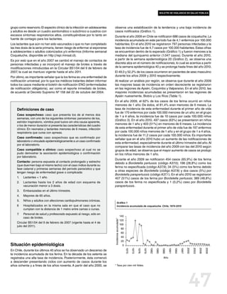 boletín de vigilancia en salud pública




grupo como reservorio. El espectro clínico de la infección en adolescentes    observa una estabilización de la tendencia y una baja incidencia de
y adultos es desde un cuadro asintomático o subclínico a cuadros con          casos notificados (Gráfico 1).
escasos síntomas respiratorios altos, constituyéndose por lo tanto en         Durante el año 2009 en Chile se notificaron 688 casos de coqueluche. La
fuente de contagio para los lactantes.                                        incidencia acumulada en este período fue de 4,1 enfermos por 100.000
Los lactantes que aún no han sido vacunados o que no han completado           habitantes. En el año 2010 se registraron 797 personas infectadas y la
las tres dosis de la serie primaria, tienen riesgo de enfermar al exponerse   tasa de incidencia fue de 4,7 casos por 100.000 habitantes. Estas cifras
a adolescentes o adultos colonizados y/o enfermos (Informe semanal            se encuentran dentro de lo esperado (Gráfico 1) y fueron menores a la
Coqueluche, disponible en http:(//epi.minsal.cl).                             mediana del quinquenio anterior (1.047 casos). Durante el año 2010,
Es por esto que en el año 2007 se cambió el manejo de contactos de            a partir de la semana epidemiológica 20 (Gráfico 2), se observa una
personas infectadas y se incorporó el manejo de brotes a través de            discreta alza en el número de notificaciones, lo cual se acentúa a partir
modificaciones introducidas en la Circular B51/04 del 9 de febrero de         de la semana epidemiológica 40 y se prolonga hasta fines del año 2010.
2007, la cual se mantuvo vigente hasta el año 2011.                           El 49,0 y 52,2% de los casos ocurrieron en pacientes de sexo masculino
Por último, es importante señalar que la tos ferina es una enfermedad de      durante los años 2009 y 2010 respectivamente.
notificación universal, por lo que los médicos tratantes deben informar       Al realizar un análisis por región, se observa que durante el año 2009
todos los casos mediante el boletín de notificación ENO (enfermedades         las mayores tasas de incidencia en orden decreciente se registraron
de notificación obligatoria), así como el reporte inmediato de brotes,        en las regiones de Aysén, Coquimbo y Valparaíso. En el año 2010, las
de acuerdo al Decreto Supremo Nº 158 del 22 de octubre del 2004.              mayores incidencias acumuladas se presentaron en las regiones de
                                                                              Aysén nuevamente, Biobío y Los Ríos (Tabla 1).
                                                                              En el año 2009, el 62% de los casos de tos ferina ocurrió en niños
                                                                              menores de 1 año. De éstos, el 81,4% eran menores de 6 meses. La
     Definiciones de caso                                                     tasa de incidencia de esta enfermedad durante el primer año de vida
                                                                              fue de 170 enfermos por cada 100.000 menores de un año; en el grupo
     Caso sospechoso: caso que presenta tos de al menos dos
                                                                              de 1 a 4 años, la incidencia fue de 10 casos por cada 100.000 niños
     semanas, con uno de los siguientes síntomas: paroxismo de tos,
                                                                              (Gráfico 3). En el año 2010, 497 casos (63%) se presentaron en niños
     estridor inspiratorio, vómitos post tusivo sin otra causa aparente,
     o tos de menor duración si presenta las características del cuadro
                                                                              menores de 1 año y 403 (51%) en menores de 6 meses. La incidencia
     clínico. En neonatos y lactantes menores de 6 meses, infección           de esta enfermedad durante el primer año de vida fue de 197 enfermos
     respiratoria que cursa con apneas.                                       por cada 100.000 niños menores de 1 año y en el grupo de 1 a 4 años,
                                                                              la incidencia fue de 11,2 casos por cada 100.000 niños. Es importante
     Caso confirmado: caso sospechoso que es confirmado por
                                                                              señalar que en el año 2010 hubo un aumento de las notificaciones de
     laboratorio o vinculado epidemiológicamente a un caso confirmado
                                                                              esta enfermedad, especialmente durante el último trimestre del año. Al
     por el laboratorio.
                                                                              comparar las tasas de incidencia del año 2009 con las del 2010 según
     Caso compatible o clínico: caso sospechoso al cual no se                 grupos de edad, se observa que el mayor aumento de casos se produjo
     pudo demostrar la asociación epidemiológica o confirmación               en los niños menores de 1 año.
     por laboratorio.
                                                                              Durante el año 2009 se notificaron 454 casos (65,9%) de tos ferina
     Contacto: persona expuesta al contacto prolongado y estrecho
                                                                              debido a Bordetella pertussis (código A37.0); 198 (28,8%) como tos
     (que duermen bajo el mismo techo) con el caso índice durante su
                                                                              ferina no especificada (código A37.9); 34 (5%) como tos ferina debido
     fase catarral y primeras semanas del período paroxístico y que
                                                                              a otras especies de Bordetella (código A37.8) y dos casos (5%) por
     tengan riesgo de enfermedad grave o complicada:
                                                                              Bordetella parapertussis (código A37.1). En el año 2010 se registraron
     1.	   Lactantes < 1 año.                                                 407 (51%) casos de tos ferina por Bordetella pertussis; 389 (48,8%)
     2.	 Lactantes hasta los 2 años de edad con esquema de                    casos de tos ferina no especificada y 1 (0,2%) caso por Bordetella
         vacunación menor a 3 dosis.                                          parapertussis.
     3.	   Embarazadas en el último trimestre.
     4.	   Mayores de 65 años.
     5.	   Niños y adultos con afecciones cardiopulmonares crónicas.
                                                                                     Gráfico 1
     6	    Hospitalizados en la misma sala en que el caso que no                     Incidencia acumulada de coqueluche. Chile, 1970-2010
           cumplan con la distancia de 1 metro entre camas o cunas.
     7.	   Personal de salud y profesorado expuesto al riesgo, sólo en
                                                                                                      140
           caso de brotes.
                                                                              Incidencia acumulada*




                                                                                                      120
     Circular B51/04 del 9 de febrero de 2007 (vigente hasta el 4 de
                                                                                                      100
     julio del 2011).
                                                                                                       80
                                                                                                       60
                                                                                                       40
                                                                                                       20
Situación epidemiológica                                                                                0
                                                                                                            1970

                                                                                                                   1973

                                                                                                                          1976

                                                                                                                                 1979

                                                                                                                                        1982

                                                                                                                                               1985

                                                                                                                                                        1988

                                                                                                                                                               1991

                                                                                                                                                                      1994

                                                                                                                                                                             1997

                                                                                                                                                                                    2000

                                                                                                                                                                                           2003

                                                                                                                                                                                                  2006

                                                                                                                                                                                                         2009




En Chile, durante los últimos 40 años se ha observado un descenso de
la incidencia acumulada de tos ferina. En la década de los setenta se
registraba una alta tasa de incidencia. Posteriormente, ésta comenzó                                                                                     Año
a descender presentando ciclos con aumento de casos durante los
años ochenta y a fines de los años noventa. A partir del año 2000, se         * Tasa por cien mil hbtes.




                                                                                                                                                                                      47
 
