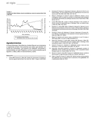 el vigía

                                                                                                                                                                                          2.	   Contreras R, Ferreccio C, Sotomayor V, Astroza L, Berríos G, Ortiz E, et al.
              Gráfico 3
                                                                                                                                                                                                Fiebre tifoidea: ¿En qué medida la clínica es modificada por el uso de una
              Incidencia de fiebre tifoidea y tasa de mortalidad por cáncer de vesícula biliar, Chile
                                                                                                                                                                                                vacuna oral? Rev. Méd. Chile 1992; 120: 134-141.
              1960-2002
                                                                                                                                                                                          3.	   Ristori C, Rodríguez H, Vicent P, Lobos H, D’Ottone K, García J, et  al.
                                                                                                                                                                                                Investigación sobre el estado de portador de Salmonella typhi-paratyphi
                                                                                                                                                                                                en pacientes intervenidos por patología vesicular. Bol Of Sanit Panan 1982;




                                                                                                                                                    Tasa de mortalidad por 100.000 hab.
Tasa de incidencia por 100.000 hab.




                                      140                                                                                                      14
                                                                                                                                                                                                93 (4): 161-171.
                                      120                                                                                                      12
                                      100                                                                                                      10                                         4.	   Levine MM, Black RE, Lanata C. Precise estimation of the numbers of
                                                                                                                                                                                                chronic carriers of Salmonella typhi in Santiago, Chile, an endemic area.
                                       80                                                                                                       8
                                                                                                                                                                                                J Infect Dis 1982; 146: 724-6.
                                       60                                                                                                       6
                                       40                                                                                                       4                                         5.	   Ferreccio C, Levine MM, Solari V, Misraji A, Astroza EL, Berrios G, et al.
                                       20                                                                                                       2                                               Detección de portadores crónicos de S. typhi: método práctico aplicado a
                                                                                                                                                                                                manipuladores de alimentos del centro de Santiago. Rev. Méd. Chile 1990;
                                        0                                                                                                       0
                                                                                                                                                                                                118: 33-37.
                                            19

                                                   19

                                                          19

                                                                 19

                                                                        19

                                                                               19

                                                                                      19

                                                                                             19

                                                                                                    19

                                                                                                           19

                                                                                                                  19

                                                                                                                         19

                                                                                                                                19

                                                                                                                                       19

                                                                                                                                              20
                                                                                                                                                                                          6.	   Ferreccio C, Morris JG, Valdivieso C, Prenzel I, Sotomayor V, Drusano GL,
                                               6

                                                      6

                                                             6

                                                                    6

                                                                           7

                                                                                  7

                                                                                         7

                                                                                                8

                                                                                                       8

                                                                                                              8

                                                                                                                     9

                                                                                                                            9

                                                                                                                                   9

                                                                                                                                          9

                                                                                                                                               02
                                              0

                                                     3

                                                            6

                                                                   9

                                                                          2

                                                                                 5

                                                                                        8

                                                                                               1

                                                                                                      4

                                                                                                             7

                                                                                                                    0

                                                                                                                           3

                                                                                                                                  6

                                                                                                                                         9
                                                                                                                                                                                                et al. Efficacy of ciprofloxacin in the treatment of chronic typhoid carriers. J
                                                                                 Años calendario
                                                                                                                                                                                                Infect Dis 1988; 157: 1235-9.
                                                                 Incidencia fiebre tifoidea                                                                                               7.	   Mager DL. Bacteria and cancer: cause, coincidence or cure? A review. J
                                                                 Mortalidad cáncer de vesícula biliar (bruta)                                                                                   Transl Med 2006, 4:14 doi:10.1186/1479-5876-4-14.
                                                                                                                                                                                          8.	   Sears SD, Ferreccio C, Levine MM, Cordano AM, Monreal J, Black RE,
                                                                                                                                                                                                et al. Isolation of Salmonella typhi from irrigation water in Santiago, Chile
Agradecimientos                                                                                                                                                                                 using Moore swabs. J Infect Dis 1984; 149: 640-642.

A Viviana Sotomayor, Gloria Berríos y Andrea Olea por sus comentarios                                                                                                                     9.	   Andia M, Ferreccio C, Gederlini A. Gallbladder cancer: trend and risk
y sugerencias al texto. A las personas que omito –que exceden con                                                                                                                               distribution in Chile. Rev. Méd. Chile 2006; 134: 565-74.
creces las nombradas– que pasaron por GREDIS, entusiastas y                                                                                                                               10.	 Andia ME, Hsing AW, Andreotti G, Ferreccio C. Geographic variation of
comprometidas con este Programa y con los muchos estudios que le                                                                                                                               gallbladder cancer mortality and risk factors in Chile: a population-based
siguieron, a ellas y ellos mi reconocimiento y cariño.                                                                                                                                         ecologic study. Int J Cancer 2008; 123: 1411-6.
                                                                                                                                                                                          11.	 Bertran E, Heise K, Andia ME, Ferreccio C. Gallbladder Cancer: incidence
                                                                                                                                                                                               and survival in a high-risk area of Chile. Int J Cancer. 2010 Apr 27.
Bibliografía                                                                                                                                                                              12.	 Dutta U, Garg PK, Kumar R, Tandon RK. Typhoid carriers among patients
1.	                                    Levine MM, Ferreccio C, Black RE, Tacket CO, Germanier R. Progress in                                                                                   with gallstones are at increased risk for carcinoma of the gallbladder. Am
                                       vaccines against typhoid fever. Rev Infect Dis 1989; 11 Suppl 3: S552-S567.                                                                             J Gastroenterol 2000; 95: 784-7.




6
 