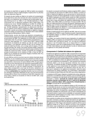 boletín de vigilancia en salud pública




de mujeres en edad fértil, en agosto de 1999 se realizó una campaña                                                                                                                              En relación a la situación del Síndrome rubéola congénito (SRC), anterior
de inmunización contra la rubéola dirigida a mujeres entre 10 y 29 años                                                                                                                          a la campaña de vacunación de 1999 contra la rubéola, no existía en
(99% de cobertura) (Figura 6).                                                                                                                                                                   Chile un sistema de vigilancia, por lo que se puso en marcha ese año.
El impacto de esta medida se reflejó en el cambio en la presentación                                                                                                                             Hasta ese momento se habían identificado 13 casos a través de estudios
de la edad de los casos (los menores de 5 años concentraron el 68%                                                                                                                               de TORCH realizados por el ISP. Desde octubre de 1999 a diciembre
del total) y en el descenso de la incidencia de la enfermedad. Así, la                                                                                                                           del 2000, entre 371 notificaciones de sospechosos, se confirmaron 5
tasa disminuyó de 31 en 1998 a 11 por 100.000 habitantes en 1999,                                                                                                                                casos más a través del sistema de vigilancia implementado. Del total
continuando con un descenso progresivo (94%) hasta lograr una                                                                                                                                    de SRC, entre 1999 y 2000, se confirmaron 18 casos de SRC, 78% de
incidencia de 1,9 por 100.000 habitantes en el 2002. En el 2003, se                                                                                                                              ellos con malformaciones al momento del examen, lográndose aislar el
confirmaron 128 casos (sólo 1 por laboratorio), con una tasa de 0,8                                                                                                                              genotipo viral 1E. Entre los años 2000 al 2007 no hubo confirmaciones,
por 100.000 habitantes, representando una disminución del 58% y                                                                                                                                  hasta el 2008 cuando se detectaron 3 nuevos casos de SRC en las
97% en relación al año anterior y epidémico (1998), respectivamente.                                                                                                                             regiones Metropolitana (2) y Biobío (1), como consecuencia de la última
En el 2004, cuando ya se había implementado la vigilancia integrada                                                                                                                              epidemia de rubéola que afectó al país.
sarampión-rubéola, se confirmaron por laboratorio sólo 3 casos aislados                                                                                                                          Desde la implementación de la vigilancia del SRC, ésta se ha sumado
en las regiones Metropolitana, Biobío y Aysén.                                                                                                                                                   a la vigilancia de TORCH, cuyas muestras proceden mayoritariamente
Posteriormente, ocurren dos brotes que afectaron principalmente a                                                                                                                                de hospitales públicos. Lo anterior ha permitido ampliar la cobertura
hombres jóvenes, grupo que no había sido protegido durante la campaña                                                                                                                            de vigilancia de SRC.
de vacunación de 1999: 1) En Valparaíso, en el año 2005, con 46 casos                                                                                                                            En la Tabla 1 se muestra el total de casos ingresados a la vigilancia de
confirmados entre 18 y 22 años, pertenecientes principalmente a una                                                                                                                              TORCH y SRC. Los ingresos son principalmente a través de la vigilancia
institución naval (genotipo 1C), y entre marzo 2007 y febrero 2008                                                                                                                               de TORCH (95% del total de casos), con una tasa de notificación
se presentó una epidemia de rubéola con más de cuatro mil casos                                                                                                                                  cercana a 1 por mil nacidos vivos, con un rango entre 0,7 a 1,5 para
confirmados y una extensión nacional. El 96% fue en hombres y la                                                                                                                                 todo el período a partir de la implementación de la vigilancia de SRC
media de edad fue 23 años, con un rango entre 8 meses y 74 años.                                                                                                                                 en Chile. Cabe destacar que este indicador ha sido un referente para
Se aisló genotipo 2B, similar a los brotes de Brasil (2006) y Argentina                                                                                                                          la vigilancia en otros países de América.
(2008), lo que indica una introducción desde Europa a América. Como
medida de control de brotes, sumado al propósito de completar el
proceso de eliminación de la rubéola en Chile, a fines de 2007 se                                                                                                                                Componente 2: Calidad del sistema de vigilancia
realizó una 2ª campaña de vacunación dirigida a hombres entre 19 y                                                                                                                               El sistema de vigilancia se cambió en 1992, incorporando el componente
29 años (92,3% de cobertura).                                                                                                                                                                    de laboratorio. Desde esa fecha, la definición de caso sospechoso ha
En julio 2008 se confirmó el primer caso de rubéola importado desde                                                                                                                              sido modificada para garantizar la sensibilidad del sistema, de acuerdo
Argentina, en una ciudadana de ese país residente en Chile. En ese                                                                                                                               a los distintos escenarios epidemiológicos (pre y posteliminación). Así
período, Argentina se encontraba cursando con un brote de rubéola                                                                                                                                en 1997 se estableció el criterio de vigilancia sindromática, definiendo
que ascendió a más de dos mil casos (Boletín OPS). Al igual que lo                                                                                                                               como caso sospechoso de sarampión a “todo paciente que presenta
sucedido con las importaciones de sarampión pesquisadas el 2011,                                                                                                                                 exantema, fiebre y uno de los siguientes síntomas: tos, coriza o
en el mes de junio, el sistema de vigilancia integrada sarampión-                                                                                                                                conjuntivitis” A mediados de 2003, la rubéola se integra en forma parcial
                                                                                                                                                                                                               .
rubéola confirmó un caso de rubéola asociado a importación. El                                                                                                                                   a esta vigilancia en sus componentes de notificación y confirmación
caso índice correspondió a una mujer de 33 años, residente en la                                                                                                                                 por laboratorio, manteniendo una definición clínica de caso. Así, al
Región Metropolitana, cuyo contagio se produjo por el contacto con                                                                                                                               igual que lo realizado en la vigilancia de sarampión, todos los casos
un chileno asintomático que regresaba de India y que fue confirmado                                                                                                                              sospechosos de rubéola notificados, son confirmados o descartados
por serología. El genotipo detectado fue 2B, cuyo secuenciamiento                                                                                                                                por el Instituto de Salud Pública de Chile (ISP) para ambos diagnósticos.
correspondió al mismo virus circulante en India (2B, Linaje del norte                                                                                                                            A mediados de 2010 logran integrarse completamente ambas vigilancias,
de la India) y distinto al circulante en Chile en el 2007 (2B, Linaje                                                                                                                            cambiando a una definición de caso unificada y que se mantiene vigente,
de Sudamérica).                                                                                                                                                                                  frente a un escenario de interrupción de la transmisión endémica de
                                                                                                                                                                                                 sarampión y rubéola: “paciente de cualquier edad que presente
                                                                                                                                                                                                 exantema macular, acompañado de uno o más de los siguientes
                                                                                                                                                                                                 signos o síntomas: fiebre >38ºC, conjuntivitis, linfoadenopatías o
      Figura 6                                                                                                                                                                                   artralgia” (Circular B51/27 del 23/07/2010).
      Tasas de incidencia de rubéola. Chile, 1990-2010
                                                                                                                                                                                                 Sin embargo, debido a que a la vigilancia ingresa un 40% de casos con
                                                                                                                                                                                                 2 o más dosis de vacuna, se crea una nueva clasificación que apoya la
                                                                                                                                                                                                 valoración rápida para la investigación en terreno y prioriza todas las
Tasa de incidencia por cien mil hbtes.




                                                                                                                                                              Vacunación                         actividades de control. Corresponde a aquellos denominados “casos
                                                            Introducción
                                         60                     MMR                                                                                            Hombres
                                                                                                                                                                                                 altamente probables de confirmación“ que no tienen antecedentes de
                                                                                                                                                                                                                                       ,
                                         50                                                                                                                                                      vacunación previa o cuadro clínico compatible con sarampión/rubéola
                                         40                                                           Vacunación
                                                                                                                                                                 Brote
                                                                                                                                                                                                 o antecedentes epidemiológicos de riesgo (viaje a zonas endémicas;
                                                                                                       Mujeres                                                                                   contactos con casos confirmados, etc).
                                         30
                                                                                                                                                                                                 Para sustentar el análisis de los indicadores de calidad de la vigilancia
                                         20
                                                                                                                                                       Brote
                                                                                                                                                                                                 que están orientados a evaluar la calidad del sistema de vigilancia, se
                                         10                                                                                                                                                      aplicó previamente la Guía OPS de valoración de la calidad del sistema
                                          0                                                                                                                                                      de vigilancia en Chile. Según esta evaluación podemos afirmar que la
                                                                                                                                                                                                 vigilancia cumple en un 79% en relación a la Guía y que contempla
                                                                                                                    2000


                                                                                                                                  2002
                                                                                                                                         2003
                                                                                                                                                2004
                                                                                                                                                       2005
                                                                                                                                                              2006
                                                                                                                                                                     2007
                                                                                                                                                                            2008
                                                                                                                                                                                   2009
                                              1990
                                                     1991
                                                            1992
                                                                   1993
                                                                          1994
                                                                                 1995
                                                                                        1996
                                                                                               1997
                                                                                                      1998
                                                                                                             1999


                                                                                                                           2001




                                                                                                                                                                                          2010




                                                                                                                                                                                                 cinco ítems, cuyo cumplimiento se ven representados en el Gráfico 1,
                                                                                                                    Años                                                                         y a continuación se detalla el cumplimiento por componentes: los




                                                                                                                                                                                                                                                       69
 