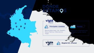 Barrancabermeja, Cali, Medellín,
Neiva, Palmira, Villavicencio,
Yopal
Principales ciudades
Barranquilla, buenaventura,
Cartagena, Ipiales, Santa
Marta.
Puertos
Bogota D.C. (Funza)
 