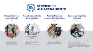 Almacenamiento
automatizado
Centro de distribución.
Recepción, ubicación,
control de inventarios.
Procesos de selección
y despacho.
SERVICIO DE
ALMACENAMIENTO
Acondicionamiento
de productos
Proceso de termoencogido.
Elaboración de etiquetas
y etiquetado.
Alistamiento de producto ﬁnal,
promociones y armado kits
Administración y
control de inventarios
Cíclico, selectivo y general.
Información en tiempo real.
Rotación de inventarios ABC.
KPI.
Operación logística
In House
Todos nuestros servicios en su compañía
acorde a su necesidad:
Nuestra operación logística en su
infraestructura (personal, tecnología,
y administración de inventarios y procesos).
Administración y control de su operación
logística.
 
