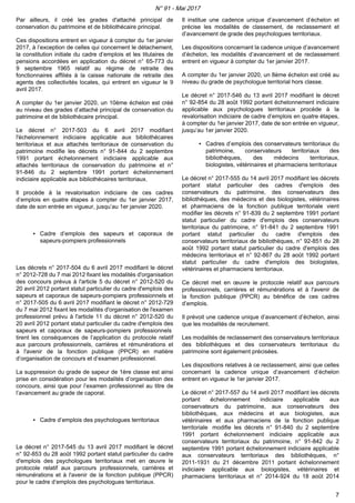 Par ailleurs, il créé les grades d'attaché principal de
conservation du patrimoine et de bibliothécaire principal.
Ces dispositions entrent en vigueur à compter du 1er janvier
2017, à l’exception de celles qui concernent le détachement,
la constitution initiale du cadre d’emplois et les titulaires de
pensions accordées en application du décret n° 65-773 du
9 septembre 1965 relatif au régime de retraite des
fonctionnaires affiliés à la caisse nationale de retraite des
agents des collectivités locales, qui entrent en vigueur le 9
avril 2017.
A compter du 1er janvier 2020, un 10ème échelon est créé
au niveau des grades d’attaché principal de conservation du
patrimoine et de bibliothécaire principal.
Le décret n° 2017-503 du 6 avril 2017 modifiant
l'échelonnement indiciaire applicable aux bibliothécaires
territoriaux et aux attachés territoriaux de conservation du
patrimoine modifie les décrets n° 91-844 du 2 septembre
1991 portant échelonnement indiciaire applicable aux
attachés territoriaux de conservation du patrimoine et n°
91-846 du 2 septembre 1991 portant échelonnement
indiciaire applicable aux bibliothécaires territoriaux.
Il procède à la revalorisation indiciaire de ces cadres
d’emplois en quatre étapes à compter du 1er janvier 2017,
date de son entrée en vigueur, jusqu’au 1er janvier 2020.
▪ Cadre d’emplois des sapeurs et caporaux de
sapeurs-pompiers professionnels
Les décrets n° 2017-504 du 6 avril 2017 modifiant le décret
n° 2012-728 du 7 mai 2012 fixant les modalités d'organisation
des concours prévus à l'article 5 du décret n° 2012-520 du
20 avril 2012 portant statut particulier du cadre d'emplois des
sapeurs et caporaux de sapeurs-pompiers professionnels et
n° 2017-505 du 6 avril 2017 modifiant le décret n° 2012-729
du 7 mai 2012 fixant les modalités d'organisation de l'examen
professionnel prévu à l'article 11 du décret n° 2012-520 du
20 avril 2012 portant statut particulier du cadre d'emplois des
sapeurs et caporaux de sapeurs-pompiers professionnels
tirent les conséquences de l’application du protocole relatif
aux parcours professionnels, carrières et rémunérations et
à l'avenir de la fonction publique (PPCR) en matière
d’organisation de concours et d’examen professionnel.
La suppression du grade de sapeur de 1ère classe est ainsi
prise en considération pour les modalités d’organisation des
concours, ainsi que pour l’examen professionnel au titre de
l’avancement au grade de caporal.
▪ Cadre d’emplois des psychologues territoriaux
Le décret n° 2017-545 du 13 avril 2017 modifiant le décret
n° 92-853 du 28 août 1992 portant statut particulier du cadre
d'emplois des psychologues territoriaux met en œuvre le
protocole relatif aux parcours professionnels, carrières et
rémunérations et à l'avenir de la fonction publique (PPCR)
pour le cadre d’emplois des psychologues territoriaux.
Il institue une cadence unique d’avancement d’échelon et
précise les modalités de classement, de reclassement et
d’avancement de grade des psychologues territoriaux.
Les dispositions concernant la cadence unique d’avancement
d’échelon, les modalités d’avancement et de reclassement
entrent en vigueur à compter du 1er janvier 2017.
A compter du 1er janvier 2020, un 8ème échelon est créé au
niveau du grade de psychologue territorial hors classe.
Le décret n° 2017-546 du 13 avril 2017 modifiant le décret
n° 92-854 du 28 août 1992 portant échelonnement indiciaire
applicable aux psychologues territoriaux procède à la
revalorisation indiciaire de cadre d’emplois en quatre étapes,
à compter du 1er janvier 2017, date de son entrée en vigueur,
jusqu’au 1er janvier 2020.
▪ Cadres d’emplois des conservateurs territoriaux du
patrimoine, conservateurs territoriaux des
bibliothèques, des médecins territoriaux,
biologistes, vétérinaires et pharmaciens territoriaux
Le décret n° 2017-555 du 14 avril 2017 modifiant les décrets
portant statut particulier des cadres d'emplois des
conservateurs du patrimoine, des conservateurs des
bibliothèques, des médecins et des biologistes, vétérinaires
et pharmaciens de la fonction publique territoriale vient
modifier les décrets n° 91-839 du 2 septembre 1991 portant
statut particulier du cadre d'emplois des conservateurs
territoriaux du patrimoine, n° 91-841 du 2 septembre 1991
portant statut particulier du cadre d'emplois des
conservateurs territoriaux de bibliothèques, n° 92-851 du 28
août 1992 portant statut particulier du cadre d'emplois des
médecins territoriaux et n° 92-867 du 28 août 1992 portant
statut particulier du cadre d'emplois des biologistes,
vétérinaires et pharmaciens territoriaux.
Ce décret met en œuvre le protocole relatif aux parcours
professionnels, carrières et rémunérations et à l'avenir de
la fonction publique (PPCR) au bénéfice de ces cadres
d’emplois.
Il prévoit une cadence unique d’avancement d’échelon, ainsi
que les modalités de recrutement.
Les modalités de reclassement des conservateurs territoriaux
des bibliothèques et des conservateurs territoriaux du
patrimoine sont également précisées.
Les dispositions relatives à ce reclassement, ainsi que celles
concernant la cadence unique d’avancement d’échelon
entrent en vigueur le 1er janvier 2017.
Le décret n° 2017-557 du 14 avril 2017 modifiant les décrets
portant échelonnement indiciaire applicable aux
conservateurs du patrimoine, aux conservateurs des
bibliothèques, aux médecins et aux biologistes, aux
vétérinaires et aux pharmaciens de la fonction publique
territoriale modifie les décrets n° 91-840 du 2 septembre
1991 portant échelonnement indiciaire applicable aux
conservateurs territoriaux du patrimoine, n° 91-842 du 2
septembre 1991 portant échelonnement indiciaire applicable
aux conservateurs territoriaux des bibliothèques, n°
2011-1931 du 21 décembre 2011 portant échelonnement
indiciaire applicable aux biologistes, vétérinaires et
pharmaciens territoriaux et n° 2014-924 du 18 août 2014
N° 91 - Mai 2017
7
 
