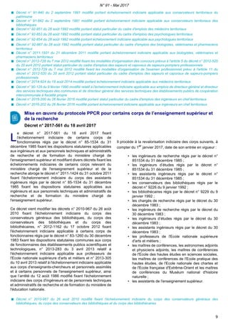 Décret n° 91-840 du 2 septembre 1991 modifié portant échelonnement indiciaire applicable aux conservateurs territoriaux du
patrimoine
Décret n° 91-842 du 2 septembre 1991 modifié portant échelonnement indiciaire applicable aux conservateurs territoriaux des
bibliothèques
Décret n° 92-851 du 28 août 1992 modifié portant statut particulier du cadre d'emplois des médecins territoriaux
Décret n° 92-853 du 28 août 1992 modifié portant statut particulier du cadre d'emplois des psychologues territoriaux
Décret n° 92-854 du 28 août 1992 modifié portant échelonnement indiciaire applicable aux psychologues territoriaux
Décret n° 92-867 du 28 août 1992 modifié portant statut particulier du cadre d'emplois des biologistes, vétérinaires et pharmaciens
territoriaux
Décret n° 2011-1931 du 21 décembre 2011 modifié portant échelonnement indiciaire applicable aux biologistes, vétérinaires et
pharmaciens territoriaux
Décret n° 2012-728 du 7 mai 2012 modifié fixant les modalités d'organisation des concours prévus à l'article 5 du décret n° 2012-520
du 20 avril 2012 portant statut particulier du cadre d'emplois des sapeurs et caporaux de sapeurs-pompiers professionnels
Décret n° 2012-729 du 7 mai 2012 modifié fixant les modalités d'organisation de l'examen professionnel prévu à l'article 11 du
décret n° 2012-520 du 20 avril 2012 portant statut particulier du cadre d'emplois des sapeurs et caporaux de sapeurs-pompiers
professionnels
Décret n° 2014-924 du 18 août 2014 modifié portant échelonnement indiciaire applicable aux médecins territoriaux
Décret n° 90-129 du 9 février 1990 modifié relatif à l'échelonnement indiciaire applicable aux emplois de directeur général et directeur
des services techniques des communes et de directeur général des services techniques des établissements publics de coopération
intercommunale à fiscalité propre
Décret n° 2016-200 du 26 février 2016 modifié portant statut particulier du cadre d'emplois des ingénieurs en chef territoriaux
Décret n° 2016-202 du 26 février 2016 modifié portant échelonnement indiciaire applicable aux ingénieurs en chef territoriaux
Mise en œuvre du protocole PPCR pour certains corps de l’enseignement supérieur et
de la recherche
Décret n° 2017-561 du 18 avril 2017
LL
e décret n° 2017-561 du 18 avril 2017 fixant
l'échelonnement indiciaire de certains corps de
fonctionnaires régis par le décret n° 85-1534 du 31
décembre 1985 fixant les dispositions statutaires applicables
aux ingénieurs et aux personnels techniques et administratifs
de recherche et de formation du ministère chargé de
l'enseignement supérieur et modifiant divers décrets fixant les
échelonnements indiciaires de certains corps relevant du
ministère chargé de l'enseignement supérieur et de la
recherche abroge le décret n° 2011-1424 du 31 octobre 2011
fixant l'échelonnement indiciaire du corps des assistants
ingénieurs régis par le décret n° 85-1534 du 31 décembre
1985 fixant les dispositions statutaires applicables aux
ingénieurs et aux personnels techniques et administratifs de
recherche et de formation du ministère chargé de
l'enseignement supérieur.
Ce décret vient modifier les décrets n° 2010-967 du 26 août
2010 fixant l'échelonnement indiciaire du corps des
conservateurs généraux des bibliothèques, du corps des
conservateurs des bibliothèques et du corps des
bibliothécaires, n° 2012-1162 du 17 octobre 2012 fixant
l'échelonnement indiciaire applicable à certains corps de
fonctionnaires régis par le décret n° 83-1260 du 30 décembre
1983 fixant les dispositions statutaires communes aux corps
de fonctionnaires des établissements publics scientifiques et
technologiques, n° 2013-283 du 3 avril 2013 relatif à
l'échelonnement indiciaire applicable aux professeurs de
l'Ecole nationale supérieure d'arts et métiers et n° 2013-305
du 10 avril 2013 relatif à l'échelonnement indiciaire applicable
aux corps d'enseignants-chercheurs et personnels assimilés
et à certains personnels de l'enseignement supérieur, ainsi
que l’arrêté du 12 août 1986 modifié fixant l'échelonnement
indiciaire des corps d'ingénieurs et de personnels techniques
et administratifs de recherche et de formation du ministère de
l'éducation nationale.
Il procède à la revalorisation indiciaire des corps suivants, à
compter du 1er
janvier 2017, date de son entrée en vigueur :
• les ingénieurs de recherche régis par le décret n°
851534 du 31 décembre 1985 ;
• les ingénieurs d’études régis par le décret n°
851534 du 31 décembre 1985 ;
• les assistants ingénieurs régis par le décret n°
851534 du 31 décembre 1985 ;
• les conservateurs des bibliothèques régis par le
décret n° 9226 du 9 janvier 1992 ;
• les bibliothécaires régis par le décret n° 9229 du 9
janvier 1992 ;
• les chargés de recherche régis par le décret du 30
décembre 1983 ;
• les ingénieurs de recherche régis par le décret du
30 décembre 1983 ;
• les ingénieurs d’études régis par le décret du 30
décembre 1983 ;
• les assistants ingénieurs régis par le décret du 30
décembre 1983 ;
• les professeurs de l'Ecole nationale supérieure
d'arts et métiers ;
• les maîtres de conférences, les astronomes adjoints
et physiciens adjoints, les maîtres de conférences
de l'Ecole des hautes études en sciences sociales,
les maîtres de conférences de l'Ecole pratique des
hautes études, de l'Ecole nationale des chartes et
de l'Ecole française d'Extrême-Orient et les maîtres
de conférences du Muséum national d'histoire
naturelle ;
• les assistants de l'enseignement supérieur.
Décret n° 2010-967 du 26 août 2010 modifié fixant l'échelonnement indiciaire du corps des conservateurs généraux des
bibliothèques, du corps des conservateurs des bibliothèques et du corps des bibliothécaires
N° 91 - Mai 2017
9
 