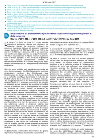 Décret n° 80-627 du 4 août 1980 modifié relatif au statut particulier des professeurs d'éducation physique et sportive
Décret n° 86-492 du 14 mars 1986 modifié relatif au statut particulier des professeurs d'enseignement général de collège
Décret n° 90-680 du 1er août 1990 modifié relatif au statut particulier des professeurs des écoles
Décret n° 92-1189 du 6 novembre 1992 modifié relatif au statut particulier des professeurs de lycée professionnel
Décret n° 2003-1260 du 23 décembre 2003 modifié fixant les dispositions statutaires applicables aux professeurs des écoles du
corps de l'État créé pour la Polynésie française
Décret n° 2005-119 du 14 février 2005 modifié relatif au statut du corps des instituteurs de la fonction publique de l'État recrutés à
Mayotte
Décret n° 2007-1290 du 29 août 2007 modifié relatif aux conditions d'adaptation à Mayotte des dispositions statutaires relatives aux
professeurs des écoles
Décret n° 2017-786 du 5 mai 2017 modifiant divers décrets portant statut particulier des personnels enseignants et d'éducation du
ministère chargé de l'éducation nationale
Décret n° 2017-789 du 5 mai 2017 fixant l'échelonnement indiciaire de certains personnels enseignants et d'éducation relevant du
ministre chargé de l'éducation nationale
Mise en œuvre du protocole PPCR pour certains corps de l’enseignement supérieur et
de la recherche
Décrets n° 2017-852 et n° 2017-853 du 6 mai 2017 et n° 2017-854 du 9 mai 2017
LL
e décret n° 2017-852 du 6 mai 2017 portant diverses
dispositions statutaires relatives aux directeurs de
recherche, chargés de recherche, ingénieurs de
recherche, ingénieurs d'études et assistants ingénieurs
relevant du décret n° 83-1260 du 30 décembre 1983 et du
décret n° 85-1534 du 31 décembre 1985 et aux personnels
des bibliothèques, corps assimilés aux corps d'enseignants-
chercheurs et professeurs de l'Ecole nationale supérieure
d'arts et métiers procède à la mise en œuvre du protocole
relatif aux parcours professionnels, carrières et
rémunérations et à l'avenir de la fonction publique (PPCR) au
bénéfice de certains corps de l’enseignement supérieur et de
la recherche.
Outre les corps précités, sont précisément concernés les
corps des conservateurs des bibliothèques et du corps des
conservateurs généraux des bibliothèques, des
bibliothécaires, des chargés de recherche du Centre national
de la recherche scientifique, des chargés de recherche de
l'Institut national de la santé et de la recherche médicale,
des chargés de recherche et des directeurs de recherche de
l'Institut national de la recherche agronomique, des chargés
de recherche et des directeurs de recherche de l'Institut
national de recherche pour le développement, des chargés
de recherche de l'institut national de recherche en
informatique et en automatique, chargés de recherche de
l'Institut national d'études démographiques, chargés de
recherche et des directeurs de recherche de l'Institut national
de recherche en sciences et technologies pour
l'environnement et l'agriculture, chargés de recherche et des
directeurs de recherche de l'institut français de recherche
pour l'exploitation de la mer, des astronomes et physiciens,
des astronomes adjoints et physiciens adjoints, des
professeurs de l'Ecole nationale supérieure d'arts et métiers,
des professeurs techniques adjoints et chefs de travaux
pratiques de l'Ecole nationale supérieure d'arts et métiers,
des directeurs d'études et des maîtres de conférences de
l'Ecole des hautes études en sciences sociales, des
directeurs d'études et du corps des maîtres de conférences
de l'Ecole pratique des hautes études, de l'Ecole nationale
des chartes et de l'Ecole française d'Extrême-Orient, des
professeurs et des maîtres de conférences du Museum
national d'histoire naturelle, et des personnels enseignants
des universités, titulaires et non titulaires de médecine
générale.
Ce décret modifie notamment les dénominations des grades
et prévoit les modalités de classement et reclassement.
Les dispositions relatives à l’application du protocole PPCR
entrent en vigueur le 1er
septembre 2017.
A compter du 1er
janvier 2020, un 10ème
échelon est créé au
niveau des grades d’ingénieurs d’études hors classe relevant
des décrets n° 83-1260 du 30 décembre 1983 et n° 85-1534
du 31 décembre 1985 et de bibliothécaire hors classe.
Le décret n° 2017-853 du 6 mai 2017 modifiant plusieurs
décrets fixant les échelonnements indiciaires de certains
corps relevant du ministre chargé de l'enseignement
supérieur et de la recherche procède à l’échelonnement
indiciaire des corps des professeurs des universités de
médecine générale, des directeurs de recherche des
établissements publics scientifiques et technologiques, des
professeurs des universités, astronomes et physiciens,
professeurs du Muséum national d'histoire naturelle,
directeurs d'études de l'Ecole des hautes études en sciences
sociales, directeurs d'études de l'Ecole pratique des hautes
études, de l'Ecole nationale des chartes et de l'Ecole
française d'Extrême-Orient et des assistants de
l'enseignement supérieur en deux étapes à compter du 1er
septembre 2017, date de son entrée en vigueur, jusqu’au 1er
janvier 2018.
Il procède également à la revalorisation indiciaire en trois
étapes pour les corps des maîtres de conférences des
universités de médecine générale, des conservateurs
généraux des bibliothèques, des conservateurs des
bibliothèques, des chargés de recherche, ingénieurs de
recherche, des assistants ingénieurs des établissements
publics scientifiques et technologiques, des maîtres de
conférences hors classe, des astronomes adjoints et
physiciens adjoints hors classe, des maîtres de conférences
hors classe de l'Ecole des hautes études en sciences
sociales, des maîtres de conférences hors classe de l'Ecole
pratique des hautes études, de l'Ecole nationale des chartes
et de l'Ecole française d'Extrême-Orient et des maîtres de
conférences hors classe du Muséum national d'histoire
naturelle, des professeurs de l'Ecole nationale supérieure
d'arts et métiers, des ingénieurs de recherche et assistants
ingénieurs du ministère chargé de l'enseignement supérieur
à compter du 1er
septembre 2017, jusqu’au 1er
janvier 2019.
Enfin, cette revalorisation s’effectue en quatre étapes pour
les corps des bibliothécaires, ingénieurs d’études des
établissements publics scientifiques et technologiques et des
N° 92 - Juin 2017
10
 