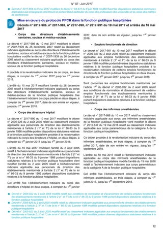 Décret n° 2017-854 du 9 mai 2017 modifiant le décret n° 84-431 du 6 juin 1984 modifié fixant les dispositions statutaires communes
applicables aux enseignants-chercheurs et portant statut particulier du corps des professeurs des universités et du corps des maîtres
de conférences
Mise en œuvre du protocole PPCR dans la fonction publique hospitalière
Décrets n° 2017-986, n° 2017-988, n° 2017-990, n° 2017-991 du 10 mai 2017 et arrêtés du 10 mai
2017
▪ Corps des directeurs d’établissements
sanitaires, sociaux et médico-sociaux
Le décret n° 2017-986 du 10 mai 2017 modifiant le décret
n° 2007-1939 du 26 décembre 2007 relatif au classement
indiciaire applicable au corps des directeurs d'établissements
sanitaires, sociaux et médico-sociaux de la fonction publique
hospitalière modifie le décret n° 2007-1939 du 26 décembre
2007 relatif au classement indiciaire applicable au corps des
directeurs d'établissements sanitaires, sociaux et médico-
sociaux de la fonction publique hospitalière.
Il procède à la revalorisation indiciaire de ce corps, en deux
étapes, à compter du 1er
janvier 2017 jusqu’au 1er
janvier
2018.
L’arrêté du 10 mai 2017 modifiant l'arrêté du 26 décembre
2007 relatif à l'échelonnement indiciaire applicable au corps
des directeurs d'établissements sanitaires, sociaux et
médico-sociaux de la fonction publique hospitalière fixe
l’échelonnement indiciaire du corps précité en deux étapes, à
compter du 1er
janvier 2017, date de son entrée en vigueur,
jusqu’au 1er
janvier 2018.
▪ Corps des directeurs hôpital
Le décret n° 2017-990 du 10 mai 2017 modifiant le décret
n° 2005-926 du 2 août 2005 relatif au classement indiciaire
applicable aux personnels de direction des établissements
mentionnés à l'article 2 (1° et 7°) de la loi n° 86-33 du 9
janvier 1986 modifiée portant dispositions statutaires relatives
à la fonction publique hospitalière procède à la revalorisation
indiciaire du corps des directeurs d’hôpital, en deux étapes, à
compter du 1er
janvier 2017 jusqu’au 1er
janvier 2018.
L’arrêté du 10 mai 2017 modifiant l'arrêté du 2 août 2005
relatif à l'échelonnement indiciaire applicable aux personnels
de direction des établissements mentionnés à l'article 2 (1° et
7°) de la loi n° 86-33 du 9 janvier 1986 portant dispositions
statutaires relatives à la fonction publique hospitalière vient
modifier l'arrêté du 2 août 2005 relatif à l'échelonnement
indiciaire applicable aux personnels de direction des
établissements mentionnés à l'article 2 (1° et 7°) de la loi
n° 86-33 du 9 janvier 1986 portant dispositions statutaires
relatives à la fonction publique hospitalière.
Cet arrêté fixe l’échelonnement indiciaire du corps des
directeurs d’hôpital en deux étapes, à compter du 1er
janvier
2017, date de son entrée en vigueur, jusqu’au 1er
janvier
2018.
▪ Emplois fonctionnels de direction
Le décret n° 2017-991 du 10 mai 2017 modifiant le décret
n° 2005-927 du 2 août 2005 relatif au classement indiciaire
applicable aux emplois fonctionnels des établissements
mentionnés à l'article 2 (1° et 7°) de la loi n° 86-33 du 9
janvier 1986 modifiée portant diverses dispositions statutaires
relatives à la fonction publique hospitalière procède à la
revalorisation indiciaire de certains emplois fonctionnels de
direction de la fonction publique hospitalière en deux étapes,
à compter du 1er
janvier 2017, jusqu’au 1er
janvier 2018.
Sont concernés les emplois fonctionnels mentionnés par
l’article 1er
du décret n° 2005-922 du 2 août 2005 relatif
aux conditions de nomination et d'avancement de certains
emplois fonctionnels des établissements mentionnés à
l'article 2 (1° et 7°) de la loi n° 86-33 du 9 janvier 1986
portant dispositions statutaires relatives à la fonction publique
hospitalière.
▪ Corps des infirmiers anesthésistes
Le décret n° 2017-988 du 10 mai 2017 relatif au classement
indiciaire applicable aux corps des infirmiers anesthésistes
de la fonction publique hospitalière vient modifier le décret
n° 2016-647 du 19 mai 2016 relatif au classement indiciaire
applicable aux corps paramédicaux de la catégorie A de la
fonction publique hospitalière.
Ce décret procède à la revalorisation indiciaire du corps des
infirmiers anesthésistes, en trois étapes, à compter du 1er
juillet 2017, date de son entrée en vigueur, jusqu’au 1er
septembre 2018.
L’arrêté du 10 mai 2017 relatif à l'échelonnement indiciaire
applicable au corps des infirmiers anesthésistes de la
fonction publique hospitalière modifie l'arrêté du 19 mai 2016
relatif à l'échelonnement indiciaire aux corps paramédicaux
de la catégorie A de la fonction publique hospitalière.
Cet arrêté fixe l’échelonnement indiciaire du corps des
infirmiers anesthésistes, en trois étapes, à compter du 1er
juillet 2017, jusqu’au 1er
septembre 2018.
Décret n° 2005-922 du 2 août 2005 modifié relatif aux conditions de nomination et d'avancement de certains emplois fonctionnels
des établissements mentionnés à l'article 2 (1° et 7°) de la loi n° 86-33 du 9 janvier 1986 portant dispositions statutaires relatives à la
fonction publique hospitalière
Décret n° 2005-926 du 2 août 2005 modifié relatif au classement indiciaire applicable aux personnels de direction des établissements
mentionnés à l'article 2 (1° et 7°) de la loi n° 86-33 du 9 janvier 1986 modifiée portant dispositions statutaires relatives à la fonction
publique hospitalière
Décret n° 2005-927 du 2 août 2005 modifié relatif au classement indiciaire applicable aux emplois fonctionnels des établissements
mentionnés à l'article 2 (1° et 7°) de la loi n° 86-33 du 9 janvier 1986 modifiée portant diverses dispositions statutaires relatives à la
fonction publique hospitalière
N° 92 - Juin 2017
12
 