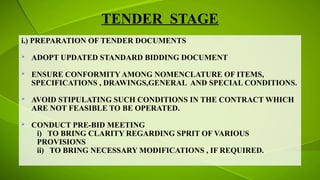 TENDER STAGE
i.) PREPARATION OF TENDER DOCUMENTS
 ADOPT UPDATED STANDARD BIDDING DOCUMENT
 ENSURE CONFORMITY AMONG NOMENCLATURE OF ITEMS,
SPECIFICATIONS , DRAWINGS,GENERAL AND SPECIAL CONDITIONS.
 AVOID STIPULATING SUCH CONDITIONS IN THE CONTRACT WHICH
ARE NOT FEASIBLE TO BE OPERATED.
 CONDUCT PRE-BID MEETING
i) TO BRING CLARITY REGARDING SPRIT OF VARIOUS
PROVISIONS
ii) TO BRING NECESSARY MODIFICATIONS , IF REQUIRED.
 