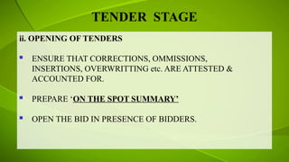 TENDER STAGE
ii. OPENING OF TENDERS
 ENSURE THAT CORRECTIONS, OMMISSIONS,
INSERTIONS, OVERWRITTING etc. ARE ATTESTED &
ACCOUNTED FOR.
 PREPARE ‘ON THE SPOT SUMMARY’
 OPEN THE BID IN PRESENCE OF BIDDERS.
 
