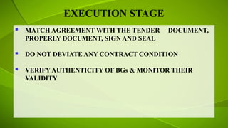 EXECUTION STAGE
 MATCH AGREEMENT WITH THE TENDER DOCUMENT,
PROPERLY DOCUMENT, SIGN AND SEAL
 DO NOT DEVIATE ANY CONTRACT CONDITION
 VERIFY AUTHENTICITY OF BGs & MONITOR THEIR
VALIDITY
 