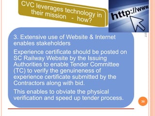 3. Extensive use of Website & Internet
enables stakeholders
Experience certificate should be posted on
SC Railway Website by the Issuing
Authorities to enable Tender Committee
(TC) to verify the genuineness of
experience certificate submitted by the
Contractors along with bid.
This enables to obviate the physical
verification and speed up tender process.
7/27/2017
30
 