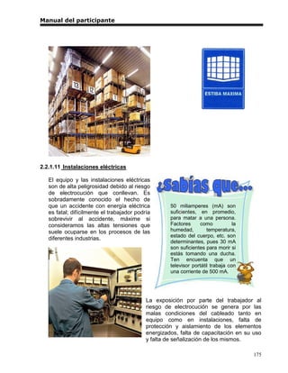 Manual del participante




2.2.1.11 Instalaciones eléctricas

   El equipo y las instalaciones eléctricas
   son de alta peligrosidad debido al riesgo
   de electrocución que conllevan. Es
   sobradamente conocido el hecho de
   que un accidente con energía eléctrica            50 miliamperes (mA) son
   es fatal; difícilmente el trabajador podría       suficientes, en promedio,
   sobrevivir al accidente, máxime si                para matar a una persona.
   consideramos las altas tensiones que              Factores      como           la
   suele ocuparse en los procesos de las             humedad,         temperatura,
                                                     estado del cuerpo, etc. son
   diferentes industrias.
                                                     determinantes, pues 30 mA
                                                     son suficientes para morir si
                                                     estás tomando una ducha.
                                                     Ten encuenta que un
                                                     televisor portátil trabaja con
                                                     una corriente de 500 mA.




                                            La exposición por parte del trabajador al
                                            riesgo de electrocución se genera por las
                                            malas condiciones del cableado tanto en
                                            equipo como en instalaciones, falta de
                                            protección y aislamiento de los elementos
                                            energizados, falta de capacitación en su uso
                                            y falta de señalización de los mismos.

                                                                                       175
 