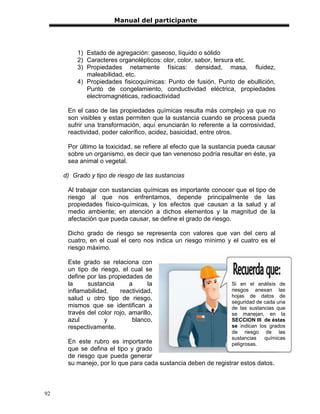 Manual del participante




          1) Estado de agregación: gaseoso, líquido o sólido
          2) Caracteres organolépticos: olor, color, sabor, tersura etc.
          3) Propiedades netamente físicas: densidad, masa, fluidez,
             maleabilidad, etc.
          4) Propiedades fisicoquímicas: Punto de fusión, Punto de ebullición,
             Punto de congelamiento, conductividad eléctrica, propiedades
             electromagnéticas, radioactividad

      En el caso de las propiedades químicas resulta más complejo ya que no
      son visibles y estas permiten que la sustancia cuando se procesa pueda
      sufrir una transformación, aquí enunciarán lo referente a la corrosividad,
      reactividad, poder calorífico, acidez, basicidad, entre otros.

      Por último la toxicidad, se refiere al efecto que la sustancia pueda causar
      sobre un organismo, es decir que tan venenoso podría resultar en éste, ya
      sea animal o vegetal.

     d) Grado y tipo de riesgo de las sustancias

      Al trabajar con sustancias químicas es importante conocer que el tipo de
      riesgo al que nos enfrentamos, depende principalmente de las
      propiedades físico-químicas, y los efectos que causan a la salud y al
      medio ambiente; en atención a dichos elementos y la magnitud de la
      afectación que pueda causar, se define el grado de riesgo.

      Dicho grado de riesgo se representa con valores que van del cero al
      cuatro, en el cual el cero nos indica un riesgo mínimo y el cuatro es el
      riesgo máximo.

      Este grado se relaciona con
      un tipo de riesgo, el cual se
      define por las propiedades de
      la     sustancia       a      la                           Si en el análisis de
      inflamabilidad,    reactividad,                            riesgos anexan las
      salud u otro tipo de riesgo,                               hojas de datos de
                                                                 seguridad de cada una
      mismos que se identifican a                                de las sustancias que
      través del color rojo, amarillo,                           se manejan, en la
      azul         y          blanco,                            SECCION III de éstas
      respectivamente.                                           se indican los grados
                                                                 de riesgo de las
                                                                 sustancias   químicas
      En este rubro es importante                                peligrosas.
      que se defina el tipo y grado
      de riesgo que pueda generar
      su manejo, por lo que para cada sustancia deben de registrar estos datos.



92
 