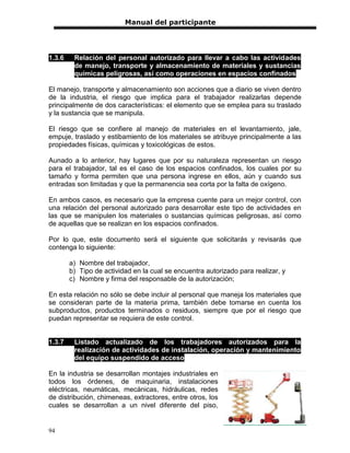 Manual del participante




1.3.6    Relación del personal autorizado para llevar a cabo las actividades
         de manejo, transporte y almacenamiento de materiales y sustancias
         químicas peligrosas, así como operaciones en espacios confinados

El manejo, transporte y almacenamiento son acciones que a diario se viven dentro
de la industria, el riesgo que implica para el trabajador realizarlas depende
principalmente de dos características: el elemento que se emplea para su traslado
y la sustancia que se manipula.

El riesgo que se confiere al manejo de materiales en el levantamiento, jale,
empuje, traslado y estibamiento de los materiales se atribuye principalmente a las
propiedades físicas, químicas y toxicológicas de estos.

Aunado a lo anterior, hay lugares que por su naturaleza representan un riesgo
para el trabajador, tal es el caso de los espacios confinados, los cuales por su
tamaño y forma permiten que una persona ingrese en ellos, aún y cuando sus
entradas son limitadas y que la permanencia sea corta por la falta de oxígeno.

En ambos casos, es necesario que la empresa cuente para un mejor control, con
una relación del personal autorizado para desarrollar este tipo de actividades en
las que se manipulen los materiales o sustancias químicas peligrosas, así como
de aquellas que se realizan en los espacios confinados.

Por lo que, este documento será el siguiente que solicitarás y revisarás que
contenga lo siguiente:

        a) Nombre del trabajador,
        b) Tipo de actividad en la cual se encuentra autorizado para realizar, y
        c) Nombre y firma del responsable de la autorización;

En esta relación no sólo se debe incluir al personal que maneja los materiales que
se consideran parte de la materia prima, también debe tomarse en cuenta los
subproductos, productos terminados o residuos, siempre que por el riesgo que
puedan representar se requiera de este control.


1.3.7    Listado actualizado de los trabajadores autorizados para la
         realización de actividades de instalación, operación y mantenimiento
         del equipo suspendido de acceso

En la industria se desarrollan montajes industriales en
todos los órdenes, de maquinaria, instalaciones
eléctricas, neumáticas, mecánicas, hidráulicas, redes
de distribución, chimeneas, extractores, entre otros, los
cuales se desarrollan a un nivel diferente del piso,


94
 