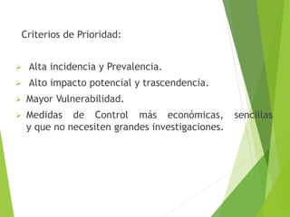 Criterios de Prioridad:
 Alta incidencia y Prevalencia.
 Alto impacto potencial y trascendencia.
 Mayor Vulnerabilidad.
 Medidas de Control más económicas, sencillas
y que no necesiten grandes investigaciones.
 