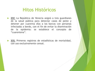 Hitos Históricos
 XIV: La República de Venecia asignó a tres guardianes
de la salud pública para detectar casos de peste y
detener por cuarenta días a los barcos con personas
infectadas a bordo, con el fin de evitar la diseminación
de la epidemia: se establece el concepto de
“cuarentena”.
 XVI: Primeros registros de estadísticas de mortalidad,
con uso exclusivamente censal.
 