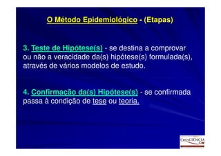 O Método Epidemiológico - (Etapas)


3. Teste de Hipótese(s) - se destina a comprovar
ou não a veracidade da(s) hipótese(s) formulada(s),
através de vários modelos de estudo.


4. Confirmação da(s) Hipótese(s) - se confirmada
passa à condição de tese ou teoria.
 
