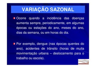 VARIAÇÃO SAZONAL
Ocorre quando a incidência das doenças
aumenta sempre, periodicamente, em algumas
épocas ou estações do ano, meses do ano,
dias da semana, ou em horas do dia.
                               dia.


Por exemplo, dengue (nas épocas quentes do
ano), acidentes de trânsito (horas de muita
movimentação urbana – deslocamento para o
trabalho ou escola).
            escola).
 