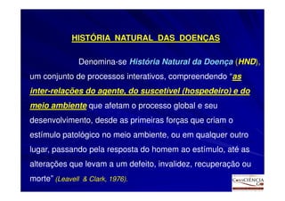 HISTÓRIA NATURAL DAS DOENÇAS

               Denomina-se História Natural da Doença (HND),
um conjunto de processos interativos, compreendendo “as
inter-relações do agente, do suscetível (hospedeiro) e do
meio ambiente que afetam o processo global e seu
desenvolvimento, desde as primeiras forças que criam o
estímulo patológico no meio ambiente, ou em qualquer outro
lugar, passando pela resposta do homem ao estímulo, até as
alterações que levam a um defeito, invalidez, recuperação ou
morte” (Leavell & Clark, 1976).
 