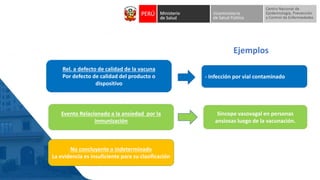 Ejemplos
Rel. a defecto de calidad de la vacuna
Por defecto de calidad del producto o
dispositivo
- Infección por vial contaminado
Evento Relacionado a la ansiedad por la
inmunización
Síncope vasovagal en personas
ansiosas luego de la vacunación.
No concluyente o indeterminado
La evidencia es insuficiente para su clasificación
 