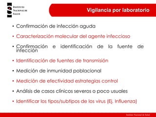 Instituto Nacional de Salud
Vigilancia por laboratorio
• Confirmación de infección aguda
• Caracterización molecular del agente infeccioso
• Confirmación e identificación de la fuente de
infección
• Identificación de fuentes de transmisión
• Medición de inmunidad poblacional
• Medición de efectividad estrategias control
• Análisis de casos clínicos severos o poco usuales
• Identificar los tipos/subtipos de los virus (Ej. Influenza)
 