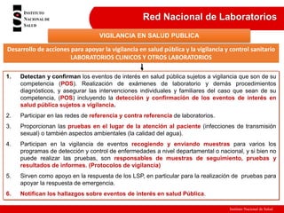 Instituto Nacional de Salud
RED NACIONAL DE LABORATORIOS
Red Nacional de Laboratorios
1. Detectan y confirman los eventos de interés en salud pública sujetos a vigilancia que son de su
competencia (POS). Realización de exámenes de laboratorio y demás procedimientos
diagnósticos, y asegurar las intervenciones individuales y familiares del caso que sean de su
competencia, (POS) incluyendo la detección y confirmación de los eventos de interés en
salud pública sujetos a vigilancia.
2. Participar en las redes de referencia y contra referencia de laboratorios.
3. Proporcionan las pruebas en el lugar de la atención al paciente (infecciones de transmisión
sexual) o también aspectos ambientales (la calidad del agua).
4. Participan en la vigilancia de eventos recogiendo y enviando muestras para varios los
programas de detección y control de enfermedades a nivel departamental o nacional, y si bien no
puede realizar las pruebas, son responsables de muestras de seguimiento, pruebas y
resultados de informes. (Protocolos de vigilancia)
5. Sirven como apoyo en la respuesta de los LSP, en particular para la realización de pruebas para
apoyar la respuesta de emergencia.
6. Notifican los hallazgos sobre eventos de interés en salud Pública.
Desarrollo de acciones para apoyar la vigilancia en salud pública y la vigilancia y control sanitario
LABORATORIOS CLINICOS Y OTROS LABORATORIOS
VIGILANCIA EN SALUD PUBLICA
 