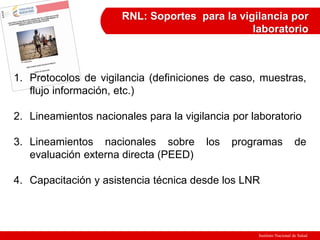 Instituto Nacional de Salud
RNL: Soportes para la vigilancia por
laboratorio
1. Protocolos de vigilancia (definiciones de caso, muestras,
flujo información, etc.)
2. Lineamientos nacionales para la vigilancia por laboratorio
3. Lineamientos nacionales sobre los programas de
evaluación externa directa (PEED)
4. Capacitación y asistencia técnica desde los LNR
 