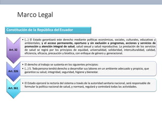 Marco Legal
Constitución de la República delEcuador
Art.32
• (…) El Estado garantizará este derecho mediante políticas económicas, sociales, culturales, educativas y
ambientales; y el acceso permanente, oportuno y sin exclusión a programas, acciones y servicios de
promoción y atención integral de salud, salud sexual y salud reproductiva. La prestación de los servicios
de salud se regirá por los principios de equidad, universalidad, solidaridad, interculturalidad, calidad,
eficiencia, eficacia, precaución y bioética, con enfoque de género y generacional.
Art.326
• El derecho al trabajo se sustenta en los siguientes principios:
• (…) 5. Todapersona tendrá derecho a desarrollar sus labores en un ambiente adecuado y propicio, que
garantice su salud, integridad, seguridad, higiene ybienestar.
Art.361
• El Estado ejercerá la rectoría del sistema a través de la autoridad sanitaria nacional, será responsable de
formular la política nacional de salud, y normará, regulará y controlará todas las actividades.
 