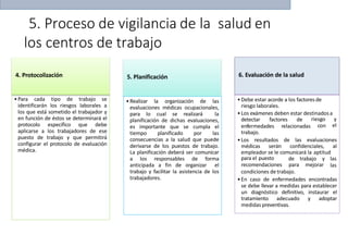 5. Proceso de vigilancia de la salud en
los centros de trabajo
•Para cada tipo de trabajo se
identificarán los riesgos laborales a
los que está sometido el trabajador y
en función de éstos se determinará el
protocolo específico que debe
aplicarse a los trabajadores de ese
puesto de trabajo y que permitirá
configurar el protocolo de evaluación
médica.
5. Planificación
•Realizar la organización de las
evaluaciones médicas ocupacionales,
para lo cual se realizará la
planificación de dichas evaluaciones,
es importante que se cumpla el
tiempo planificado por las
consecuencias a la salud que puede
derivarse de los puestos de trabajo.
La planificación deberá ser comunicar
a los responsables de forma
anticipada a fin de organizar el
trabajo y facilitar la asistencia de los
trabajadores.
4. Protocolización 6. Evaluación de la salud
•Debe estar acorde a los factores de
riesgo laborales.
•Los exámenes deben estar destinadosa
detectar factores de riesgo y
con el
enfermedades relacionadas
trabajo.
•Los resultados de las evaluaciones
médicas serán confidenciales, al
empleador se le comunicará la aptitud
para el puesto
recomendaciones para mejorar
de trabajo y las
las
condiciones de trabajo.
•En caso de enfermedades encontradas
se debe llevar a medidas para establecer
un diagnóstico definitivo, instaurar el
tratamiento adecuado y adoptar
medidas preventivas.
 